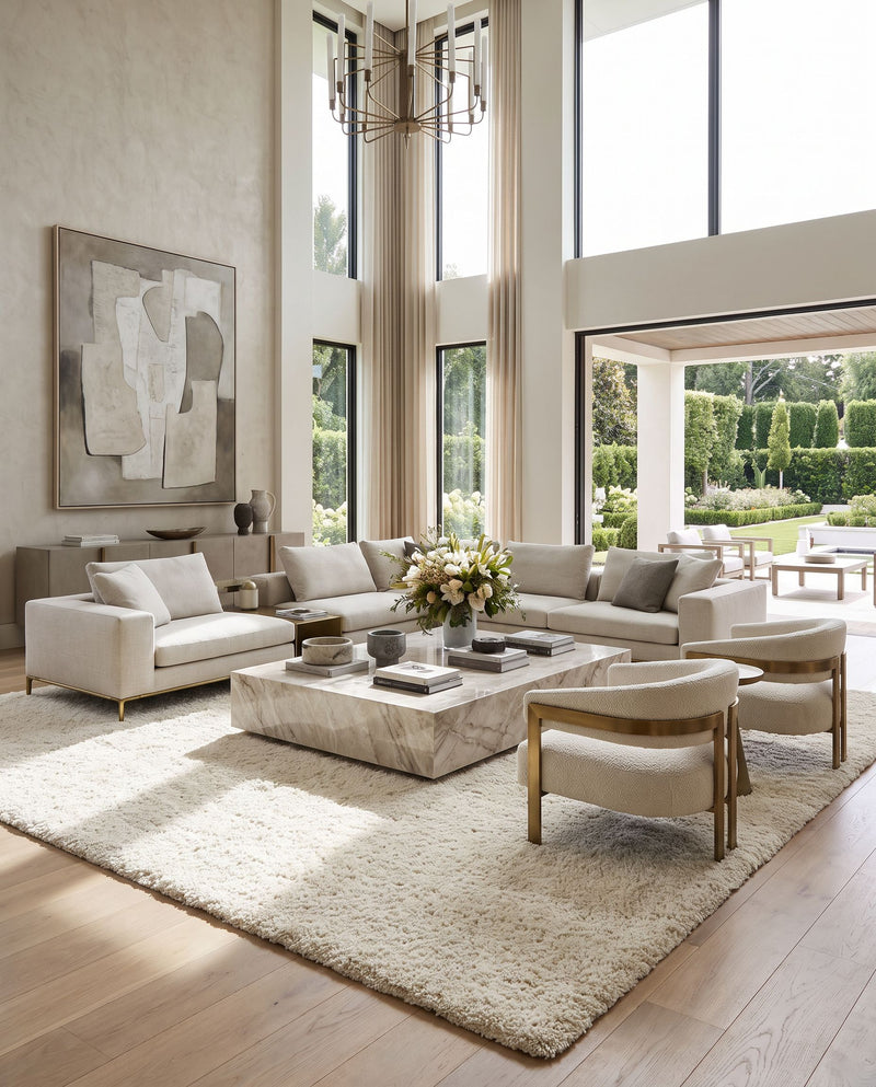 Goddess GDS-7505 Hand Woven Rug as the centerpiece of a bright luxury living room — a hand woven modern area rug in cream tones