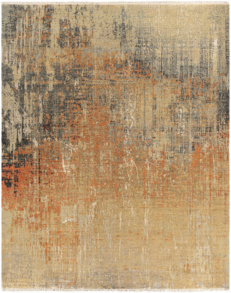 Burnt Orange Hand Knotted 80% Wool, 20% Silk Modern Rectangle Handmade rug, Indoor use only, has fringe, non-washable.