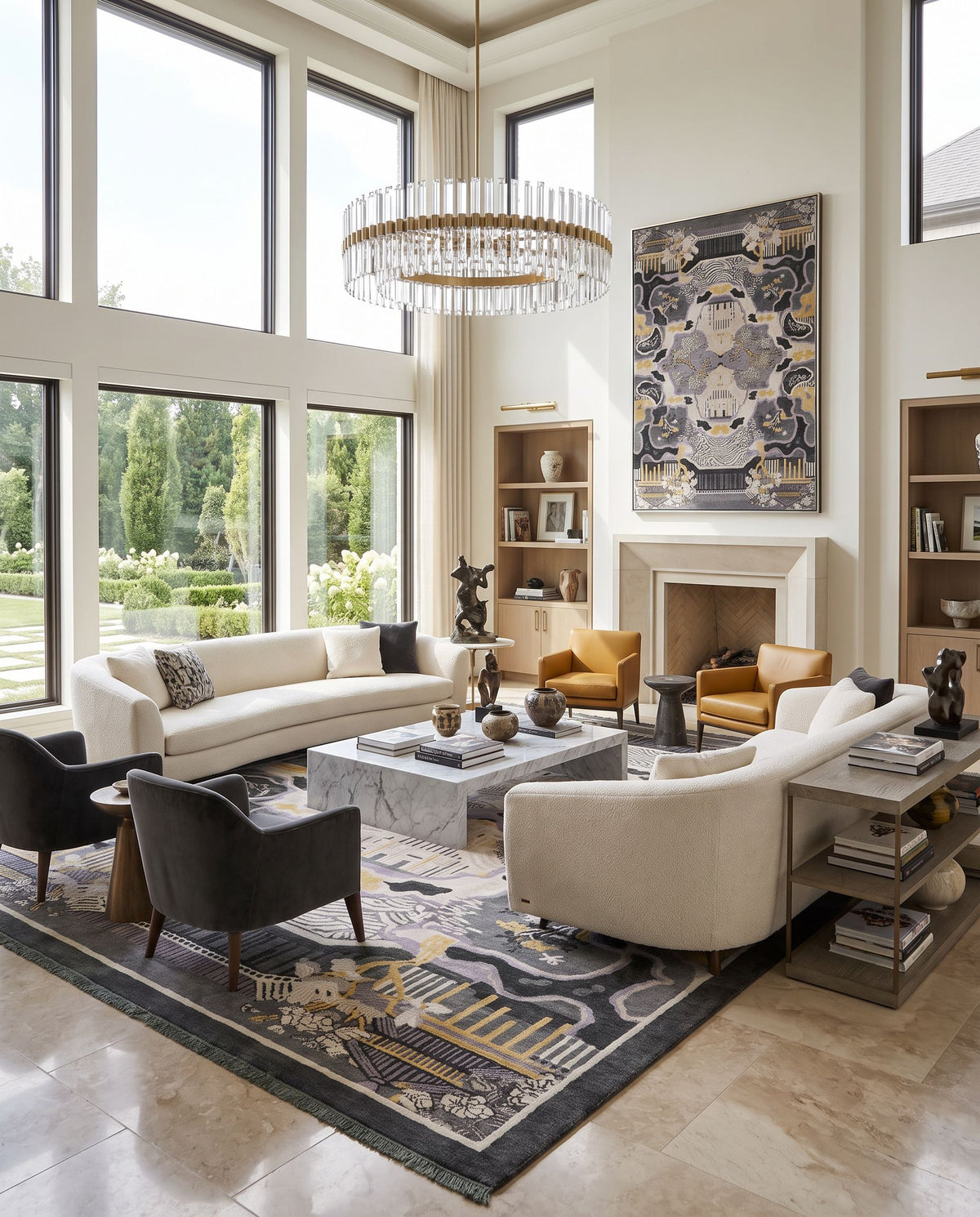 Geisha GES-1006 Hand Knotted Rug as the centerpiece of a bright luxury living room — a hand knotted traditional area rug in dark green, charcoal, mustard and light gray tones