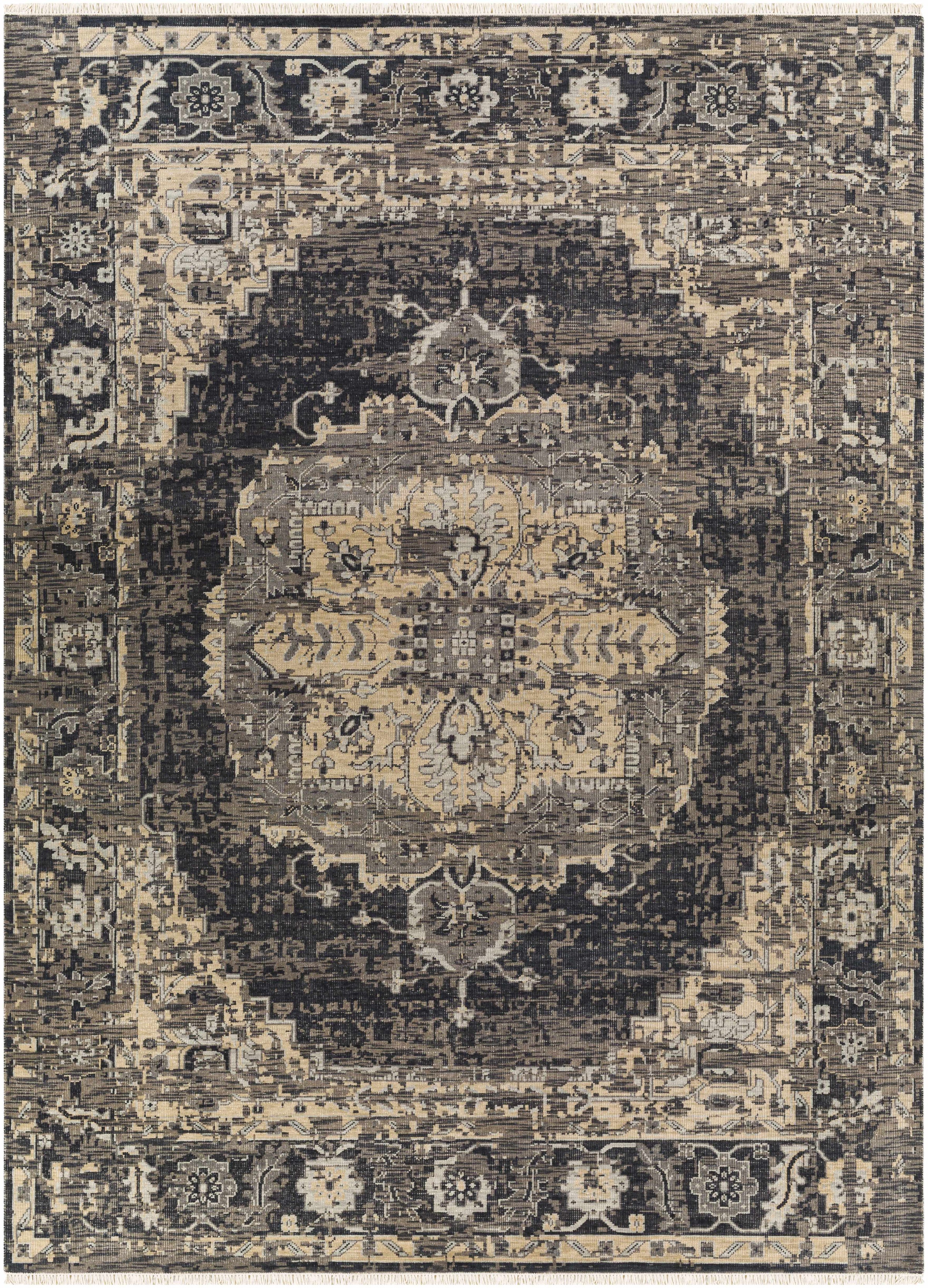 Black Hand Knotted 100% NZ Wool Traditional Rectangle Handmade rug, Indoor use only, has fringe, non-washable.