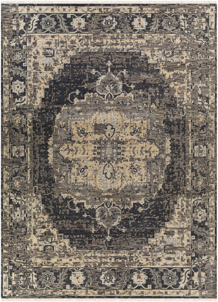 Black Hand Knotted 100% NZ Wool Traditional Rectangle Handmade rug, Indoor use only, has fringe, non-washable.