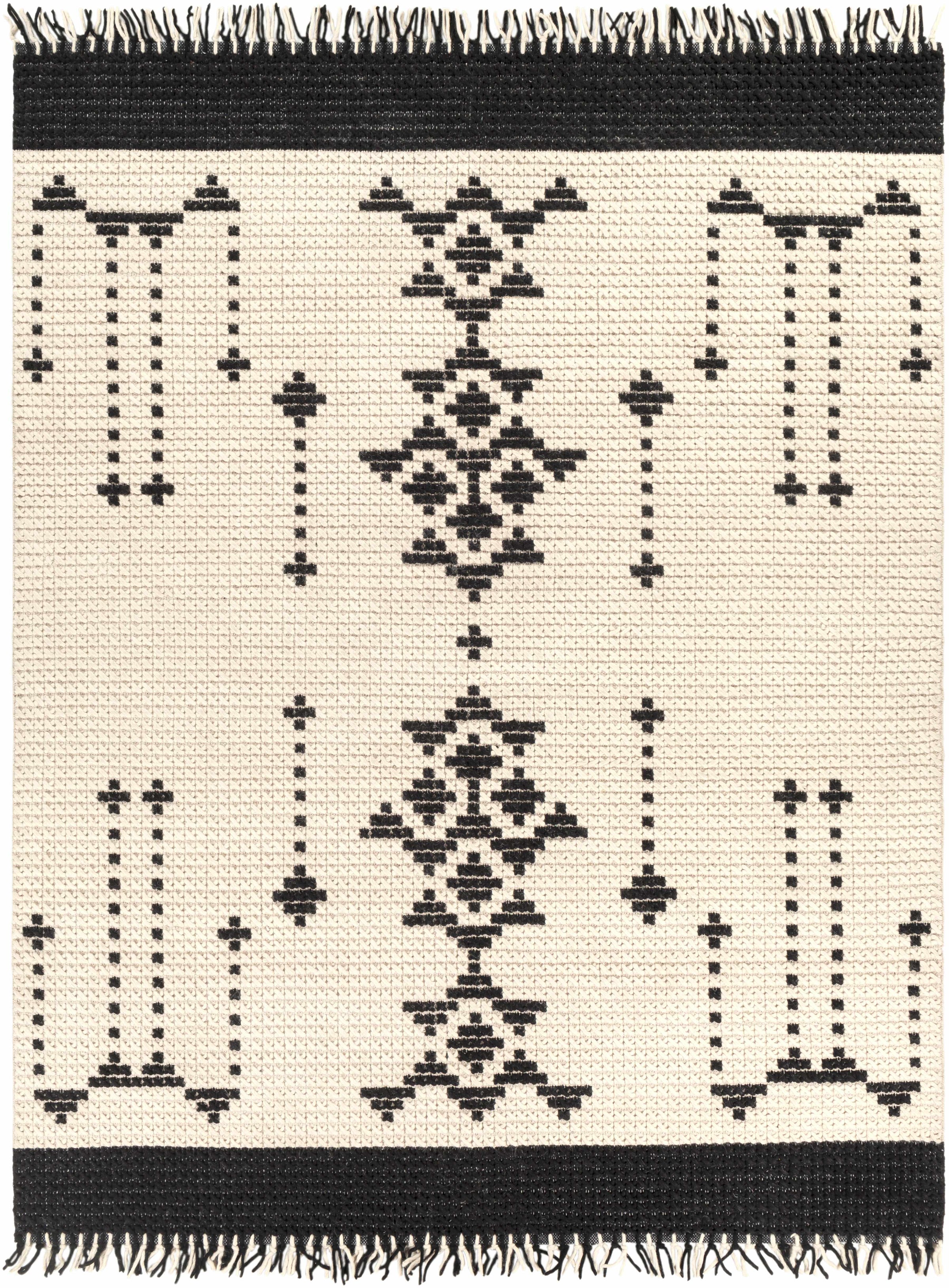 Black Hand Woven 100% Wool Global Rectangle Handmade rug, Indoor use only, has fringe, non-washable.