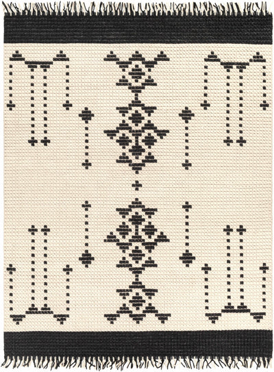 Black Hand Woven 100% Wool Global Rectangle Handmade rug, Indoor use only, has fringe, non-washable.