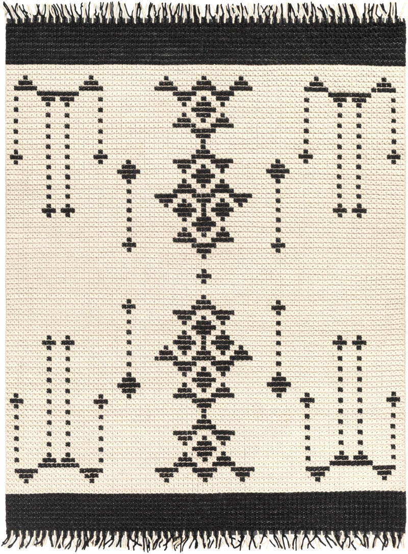 Black Hand Woven 100% Wool Global Rectangle Handmade rug, Indoor use only, has fringe, non-washable.