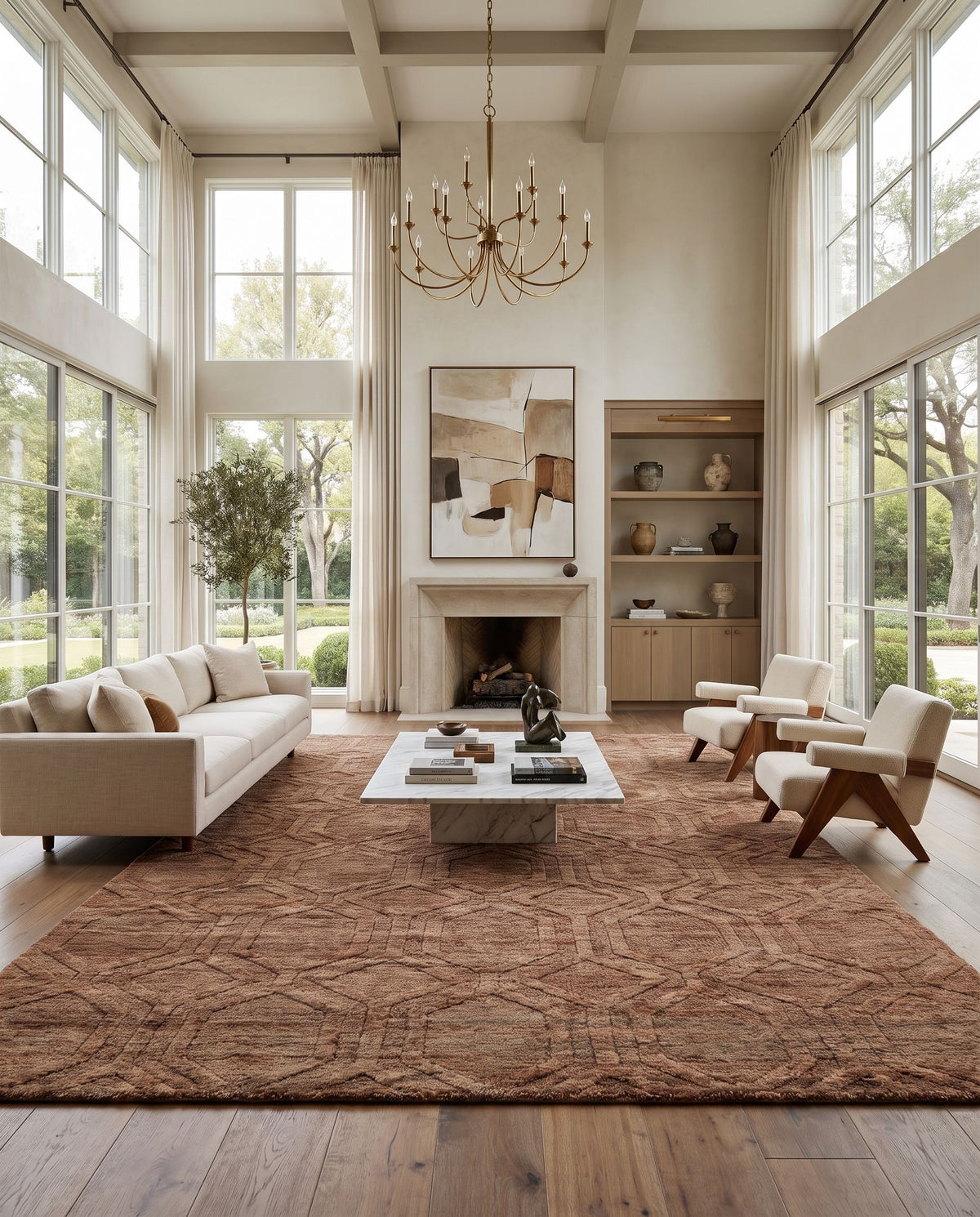 Galloway GLO-1006 Hand Knotted Rug as the centerpiece of a bright luxury living room — a hand knotted traditional area rug in rust, light beige and brown tones
