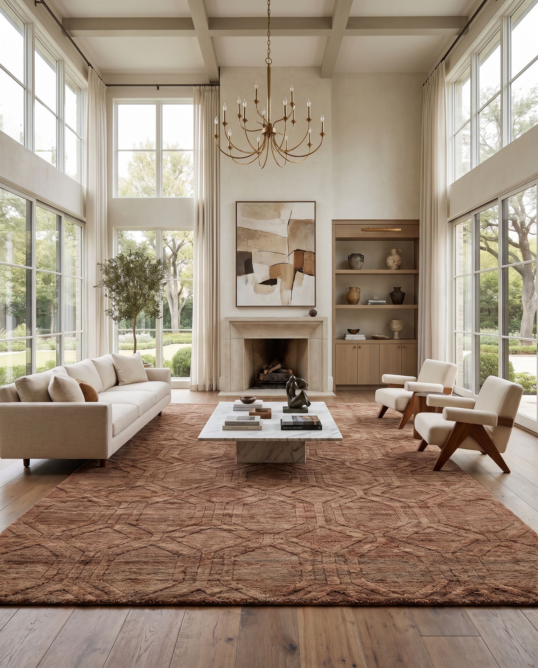 Galloway GLO-1006 Hand Knotted Rug as the centerpiece of a bright luxury living room — a hand knotted traditional area rug in rust, light beige and brown tones