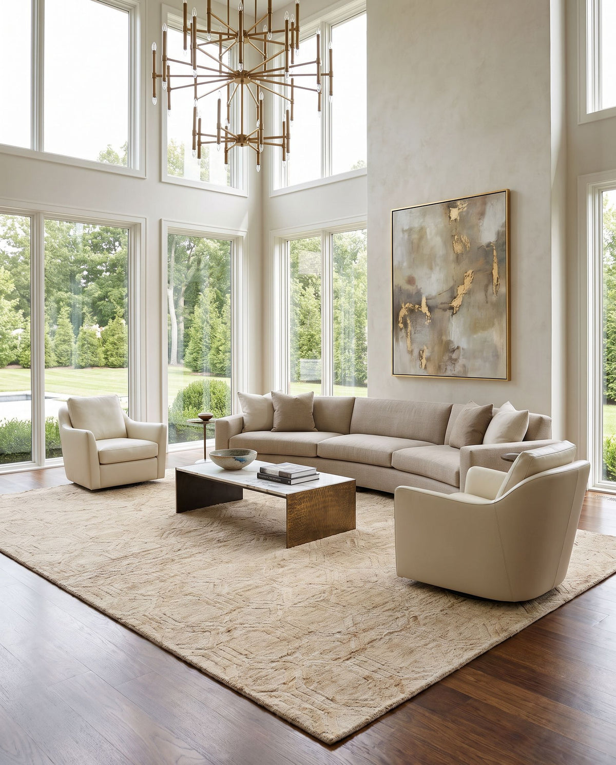 Galloway GLO-1008 Hand Knotted Rug as the centerpiece of a bright luxury living room — a hand knotted traditional area rug in ivory, beige and brown tones