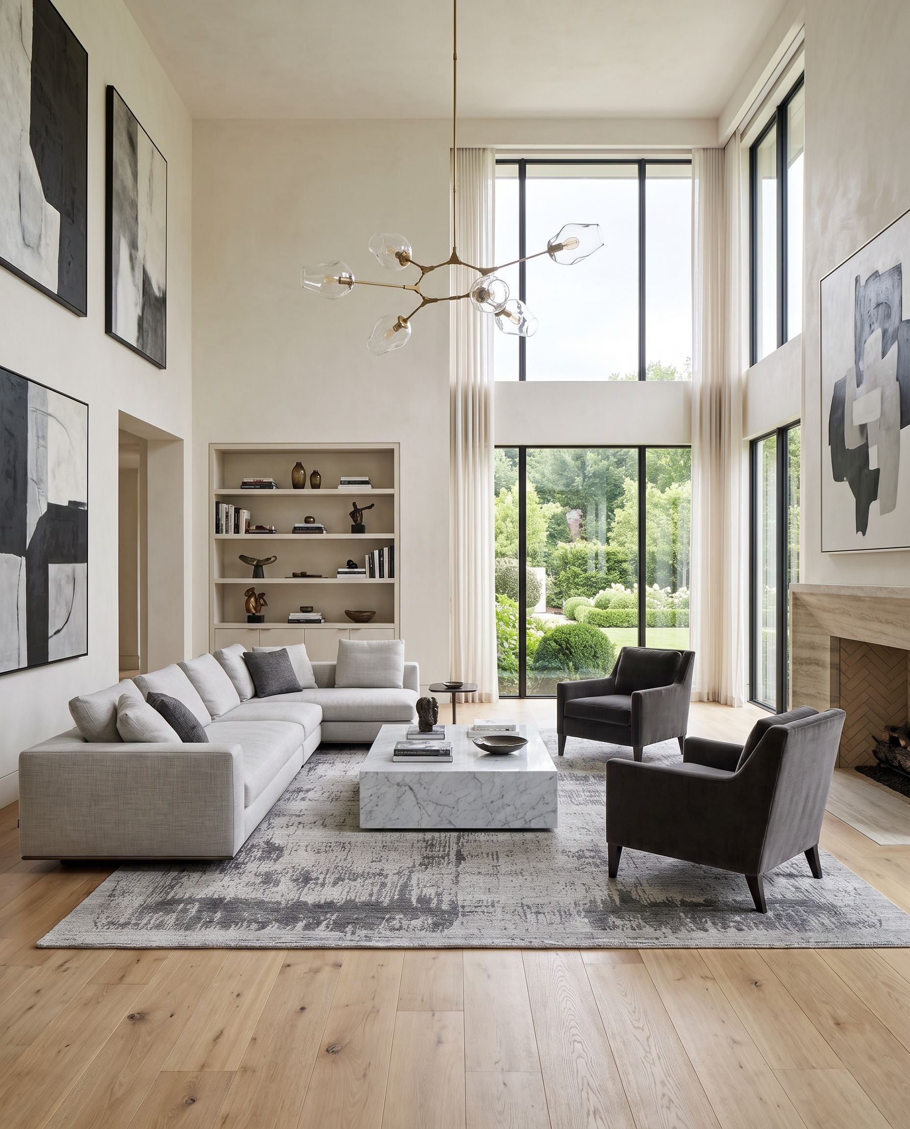 Glory GLY-2300 Hand Knotted Rug as the centerpiece of a bright luxury living room — a hand knotted contemporary area rug in dark gray tones