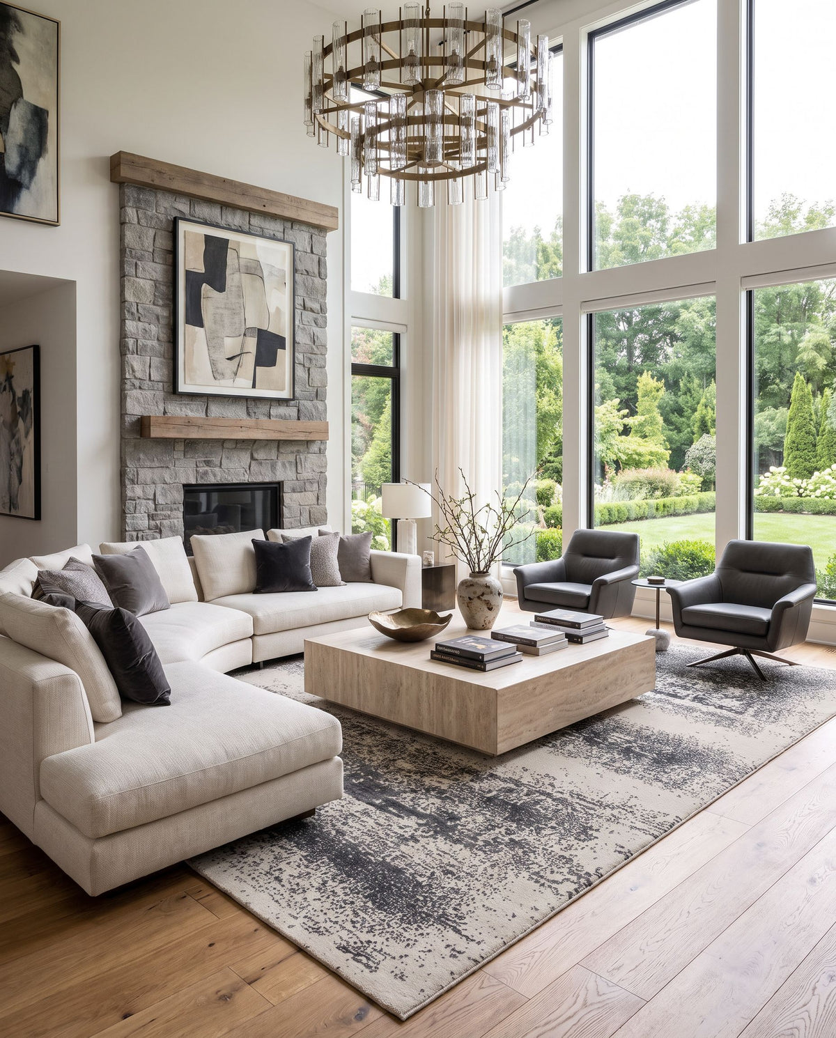 Glory GLY-2301 Hand Knotted Rug as the centerpiece of a bright luxury living room — a hand knotted contemporary area rug in natural gray tones