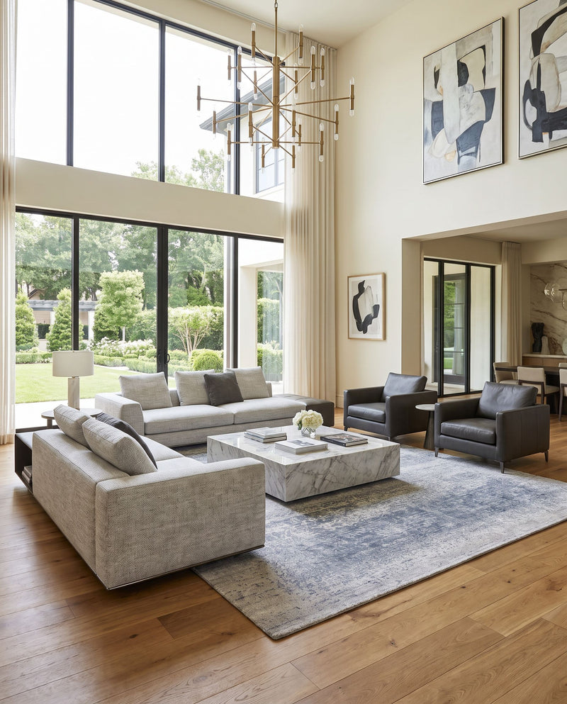 Glory GLY-2304 Hand Knotted Rug as the centerpiece of a bright luxury living room — a hand knotted contemporary area rug in sage, medium gray, silver gray and sterling grey tones