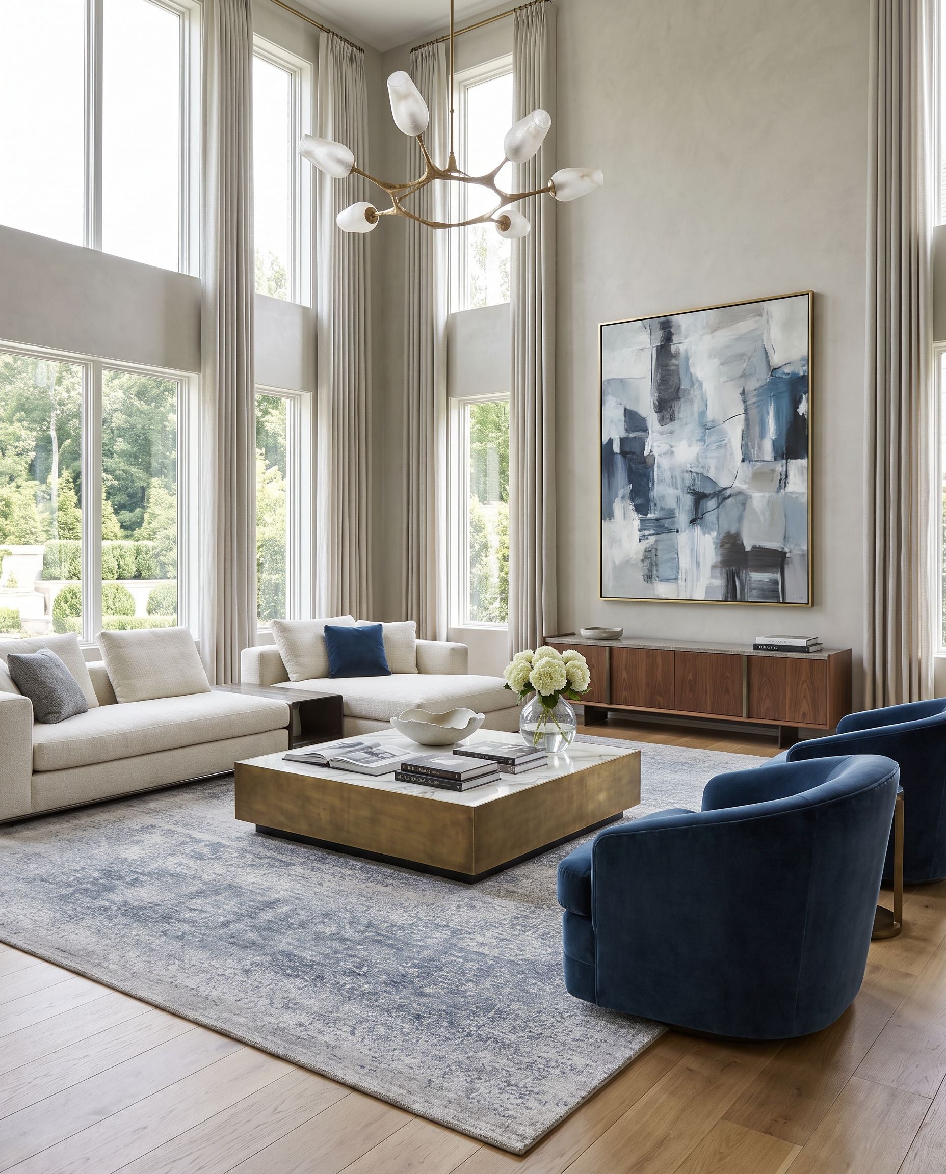 Glory GLY-2304 Hand Knotted Rug styled in an elegant designer living room — hand knotted contemporary area rug in sage, medium gray, silver gray and sterling grey tones