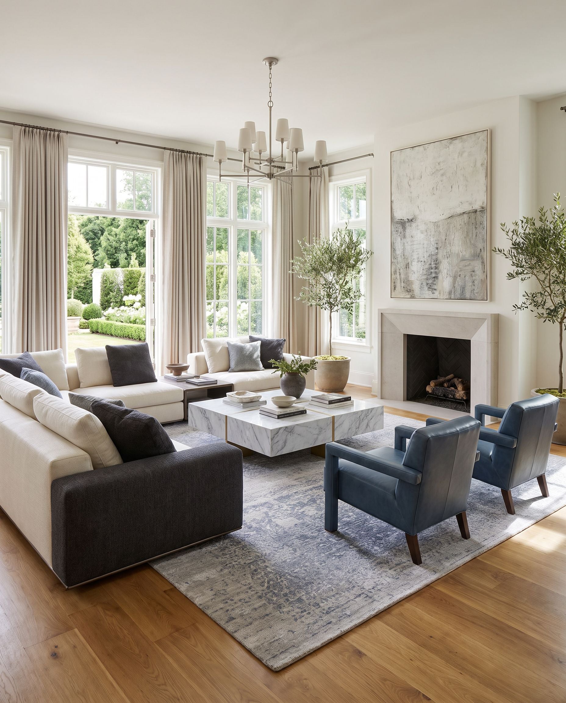 Glory GLY-2304 Hand Knotted Rug styled in an elegant designer living room — hand knotted contemporary area rug in sage, medium gray, silver gray and sterling grey tones