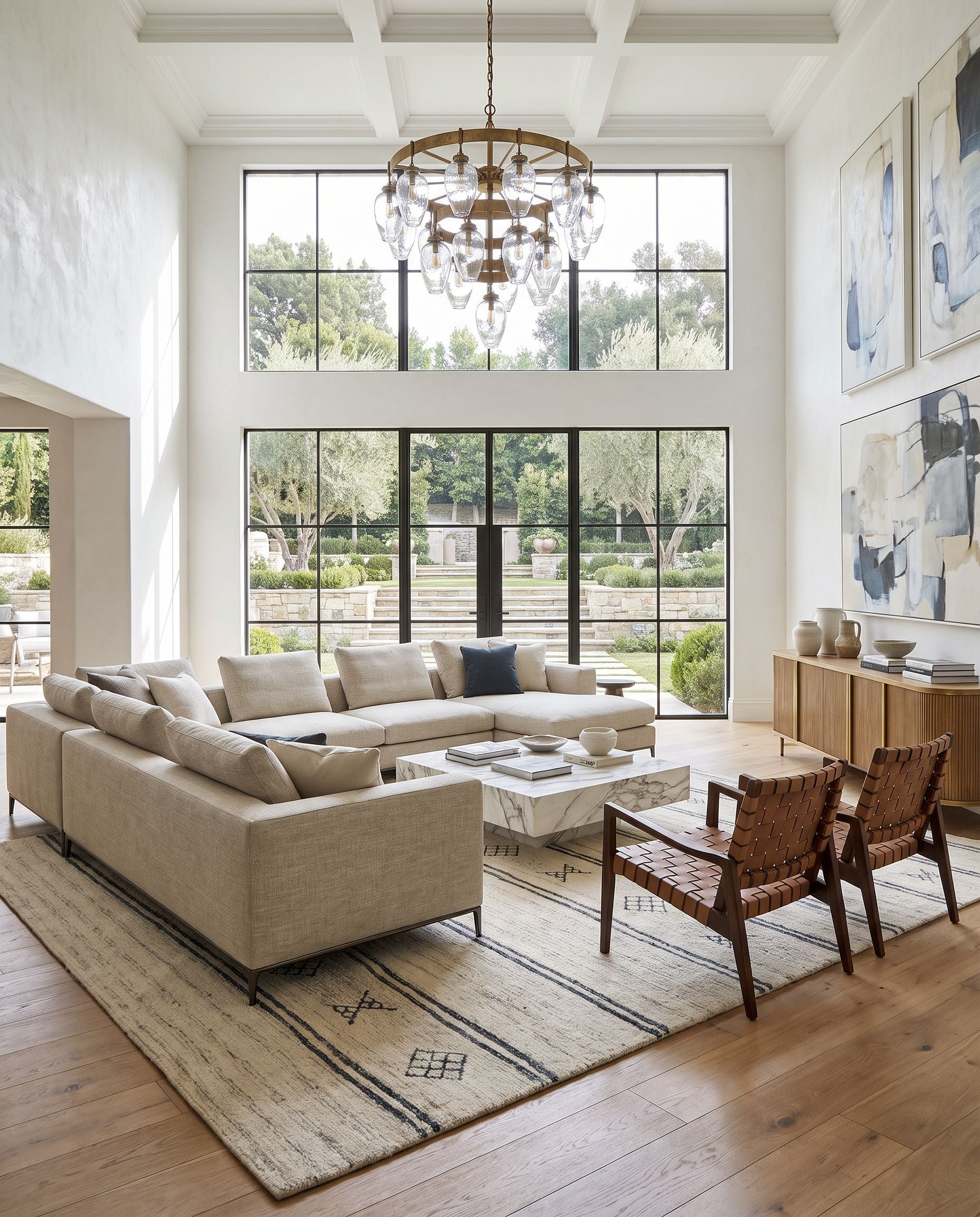 Granada GND-2351 Hand Tufted Rug as the centerpiece of a bright luxury living room — a hand tufted modern area rug in cream, black and charcoal tones