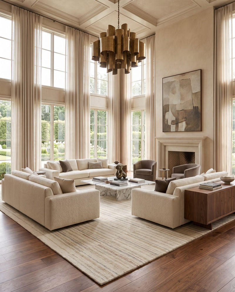 Granada GND-2374 Hand Tufted Rug as the centerpiece of a bright luxury living room — a hand tufted contemporary area rug in ivory, sandstone, light taupe and pale gray tones