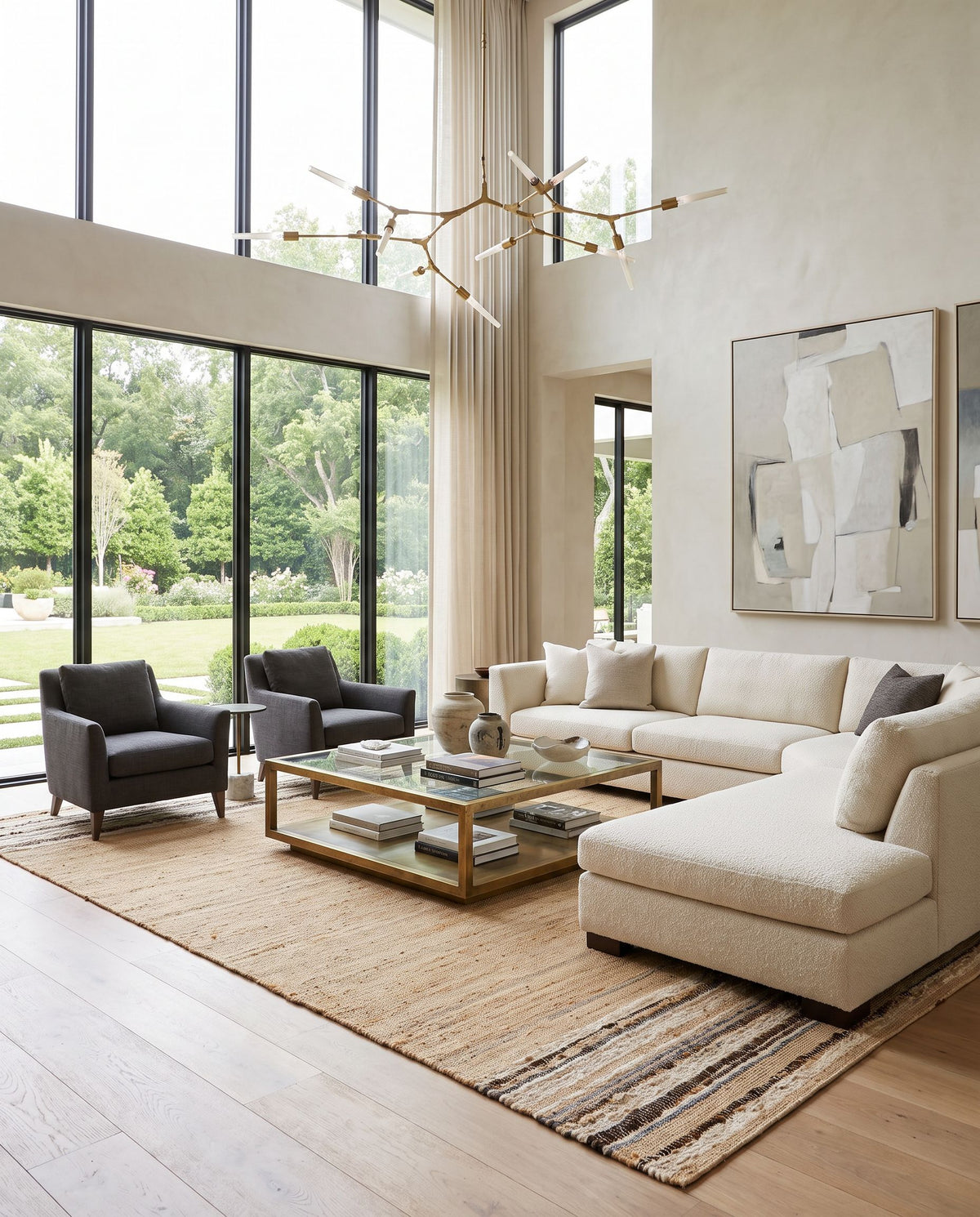 Geneva GNV-2300 Hand Woven Rug as the centerpiece of a bright luxury living room — a hand woven cottage area rug in black, charcoal, peach and light beige tones