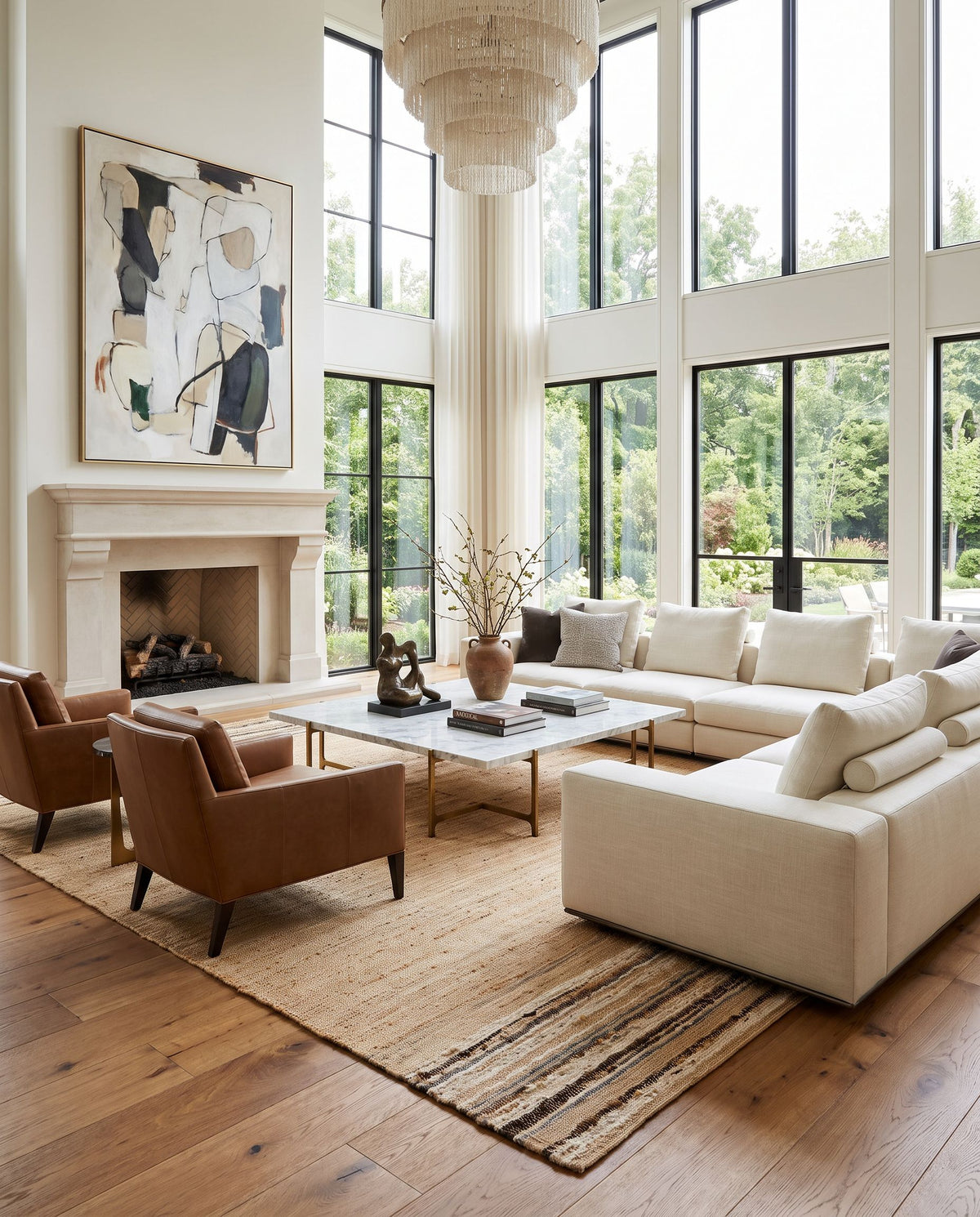 Geneva GNV-2300 Hand Woven Rug styled in an elegant designer living room — hand woven cottage area rug in black, charcoal, peach and light beige tones