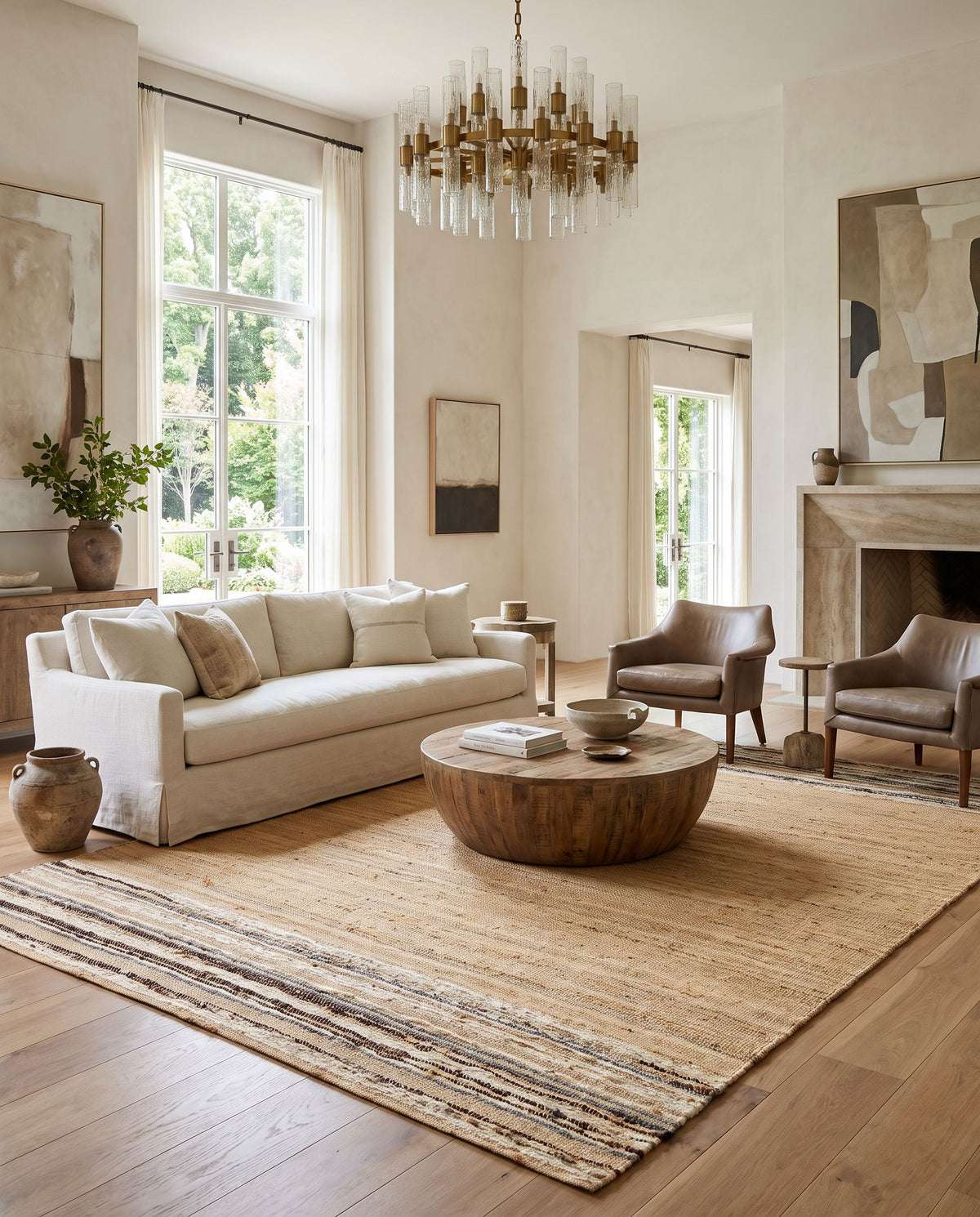 Geneva GNV-2300 Hand Woven Rug styled in an elegant designer living room — hand woven cottage area rug in black, charcoal, peach and light beige tones