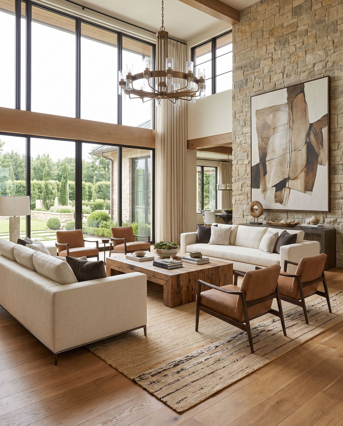 Geneva GNV-2304 Hand Woven Rug as the centerpiece of a bright luxury living room — a hand woven cottage area rug in dark brown, beige, caramel and tan tones
