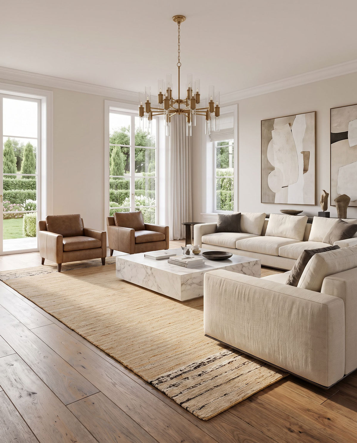 Geneva GNV-2304 Hand Woven Rug styled in an elegant designer living room — hand woven cottage area rug in dark brown, beige, caramel and tan tones