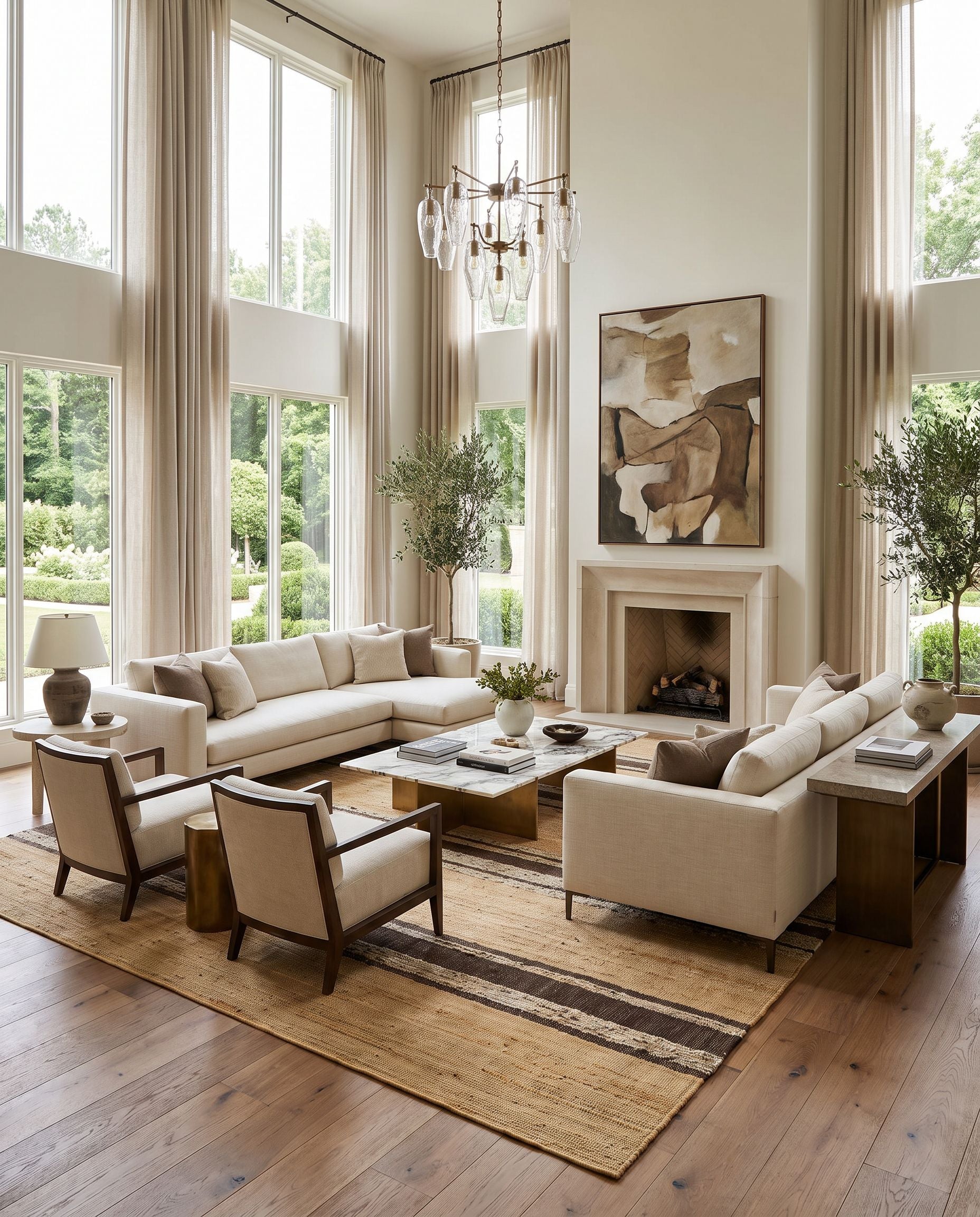 Geneva GNV-2306 Hand Woven Rug as the centerpiece of a bright luxury living room — a hand woven transitional, traditional area rug in black, charcoal, peach and beige tones