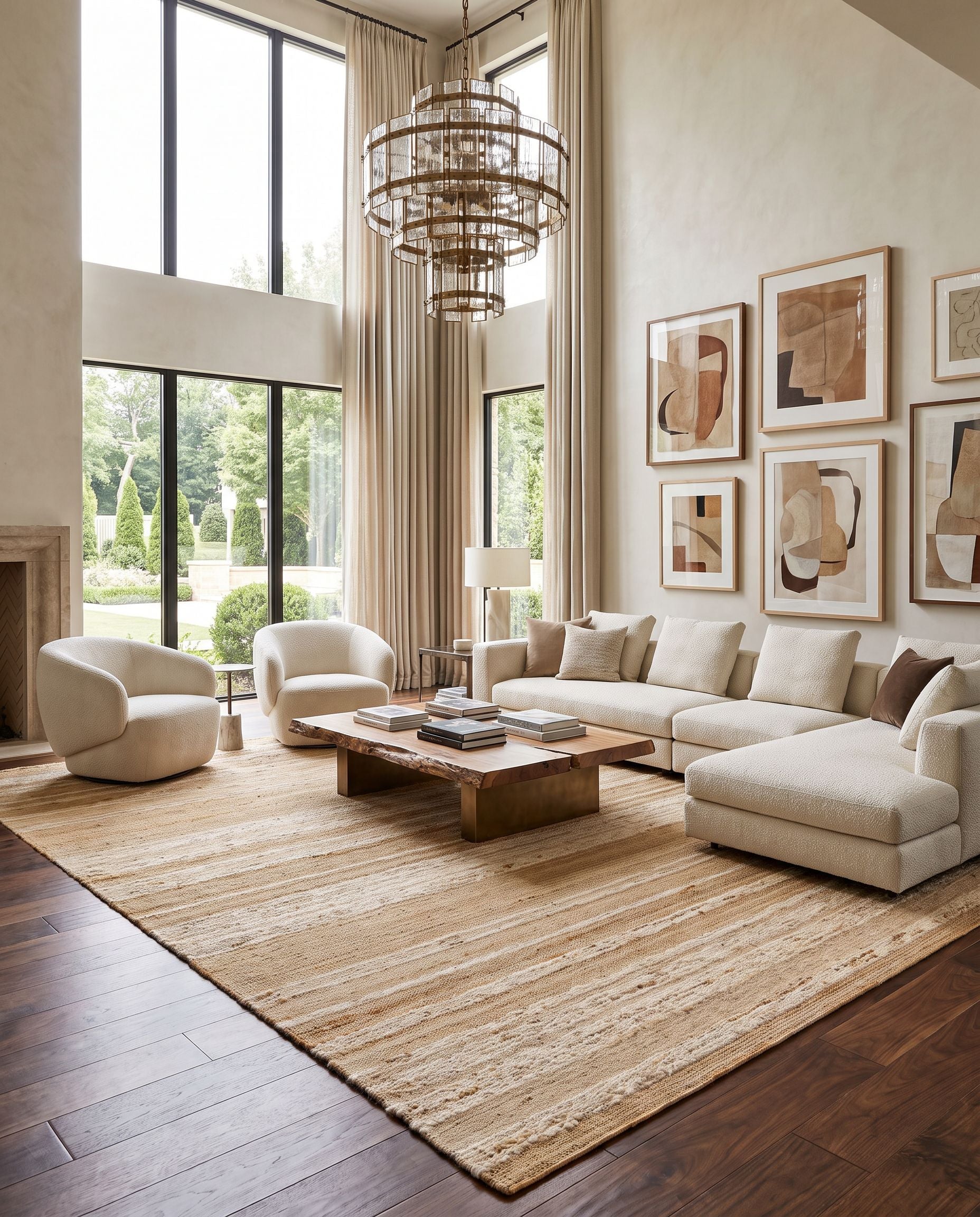 Geneva GNV-2307 Hand Woven Rug as the centerpiece of a bright luxury living room — a hand woven transitional, traditional area rug in taupe and ivory tones