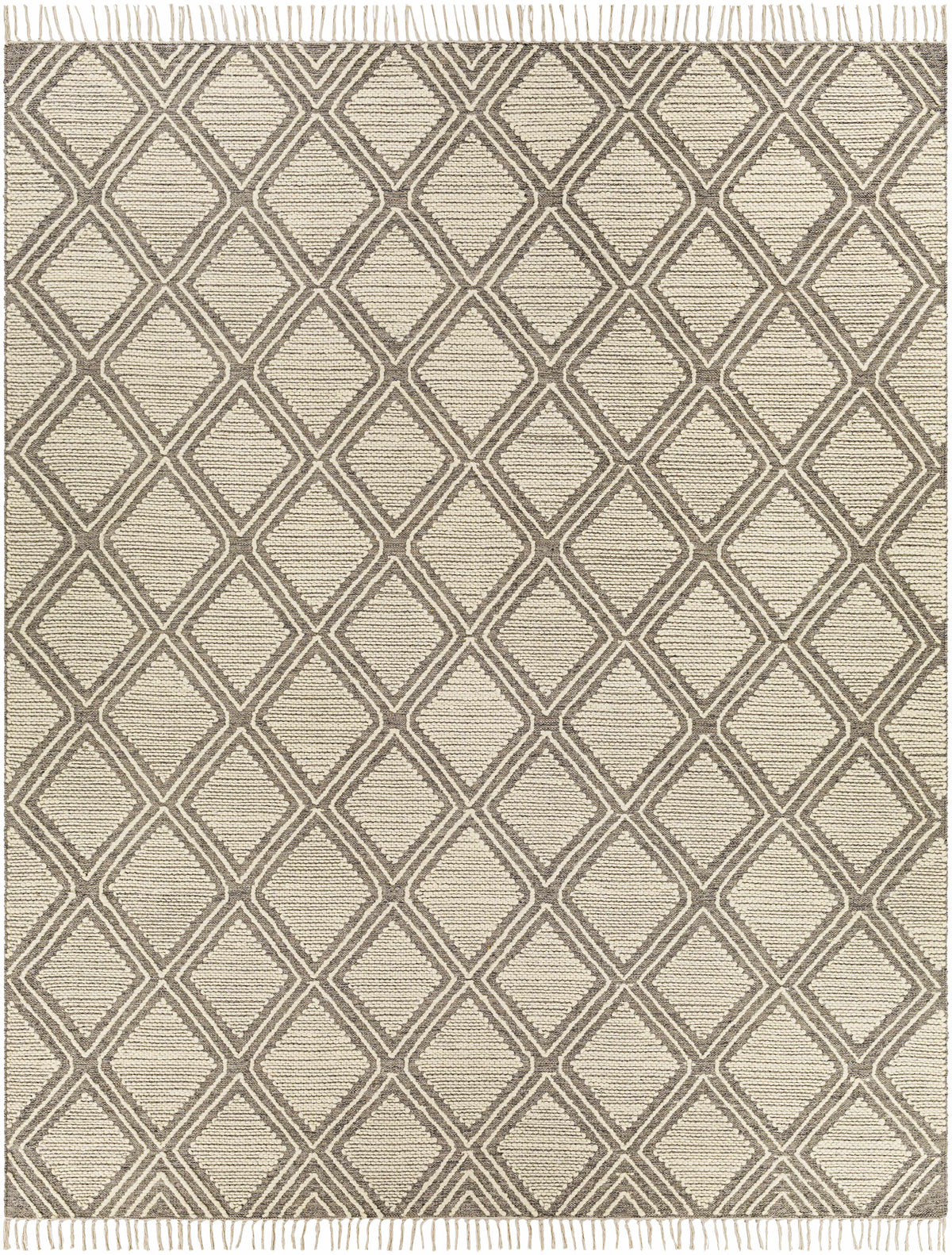 Medium Gray Hand Woven 70% Cotton, 30% Wool Global Rectangle Handmade rug, Indoor use only, has fringe, non-washable.