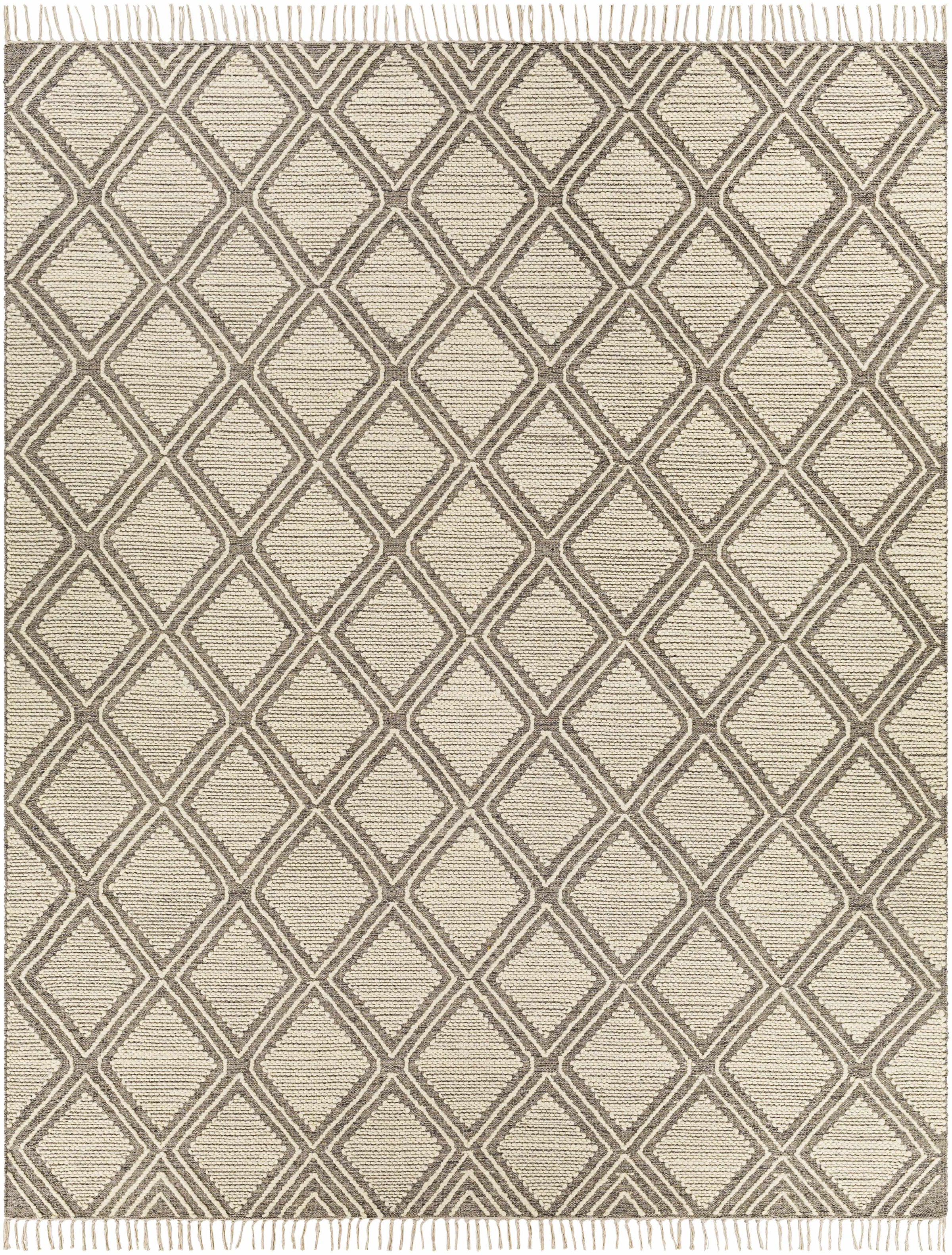 Medium Gray Hand Woven 70% Cotton, 30% Wool Global Rectangle Handmade rug, Indoor use only, has fringe, non-washable.