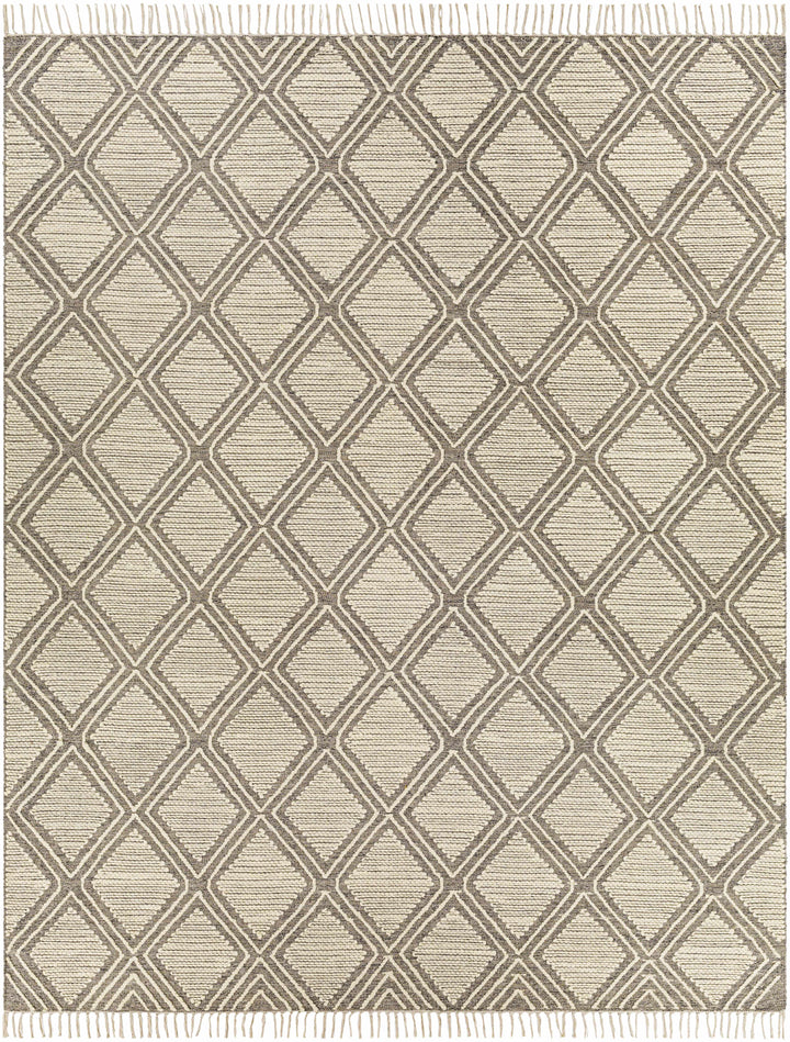 Medium Gray Hand Woven 70% Cotton, 30% Wool Global Rectangle Handmade rug, Indoor use only, has fringe, non-washable.