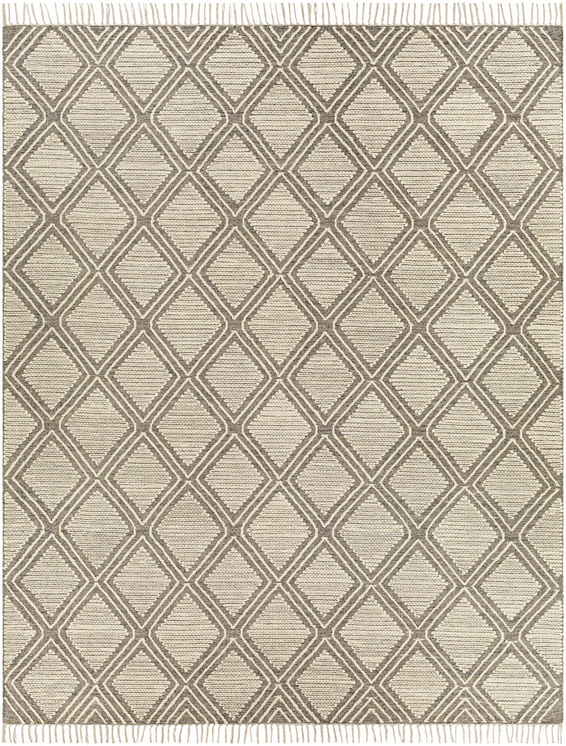 Medium Gray Hand Woven 70% Cotton, 30% Wool Global Rectangle Handmade rug, Indoor use only, has fringe, non-washable.
