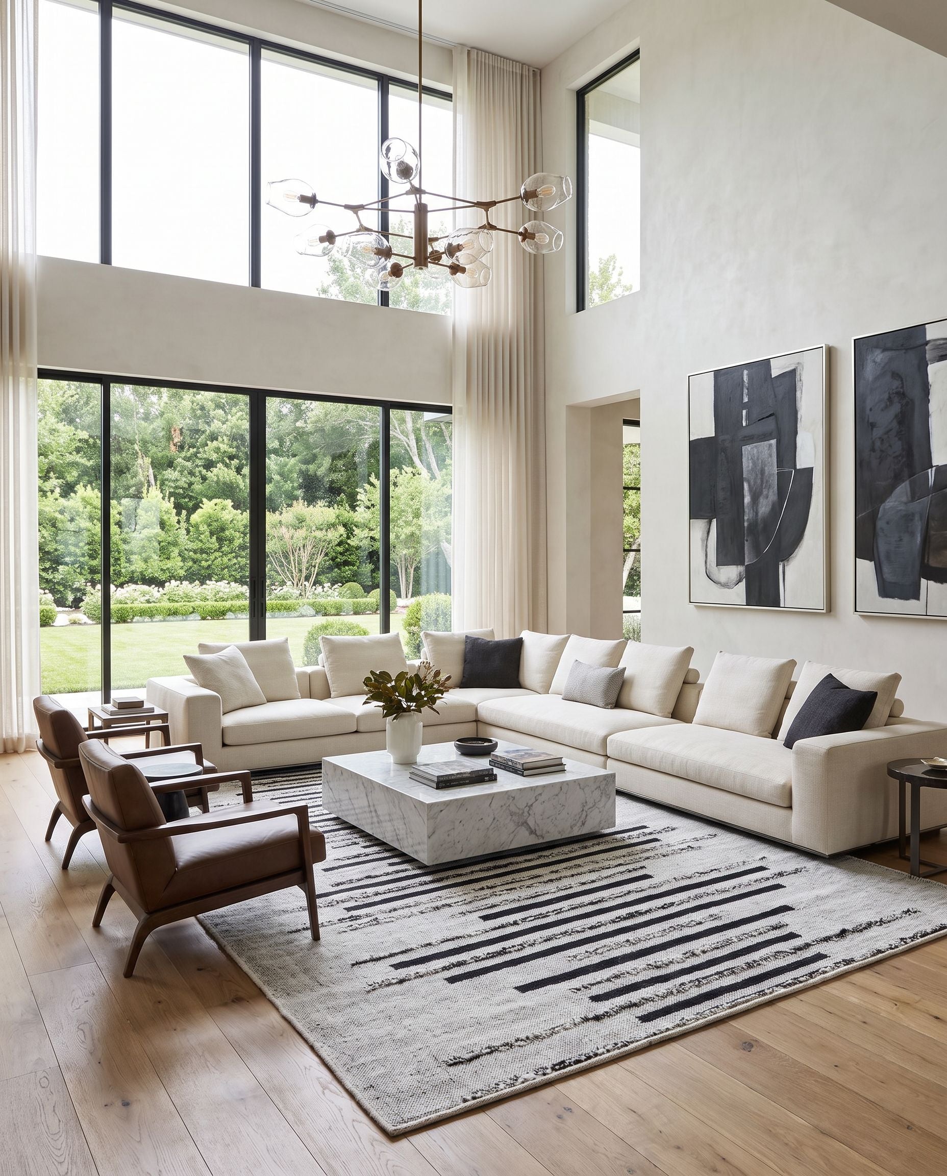 Goteborg GTG-2301 Hand Woven Rug as the centerpiece of a bright luxury living room — a hand woven modern area rug in ivory and black tones
