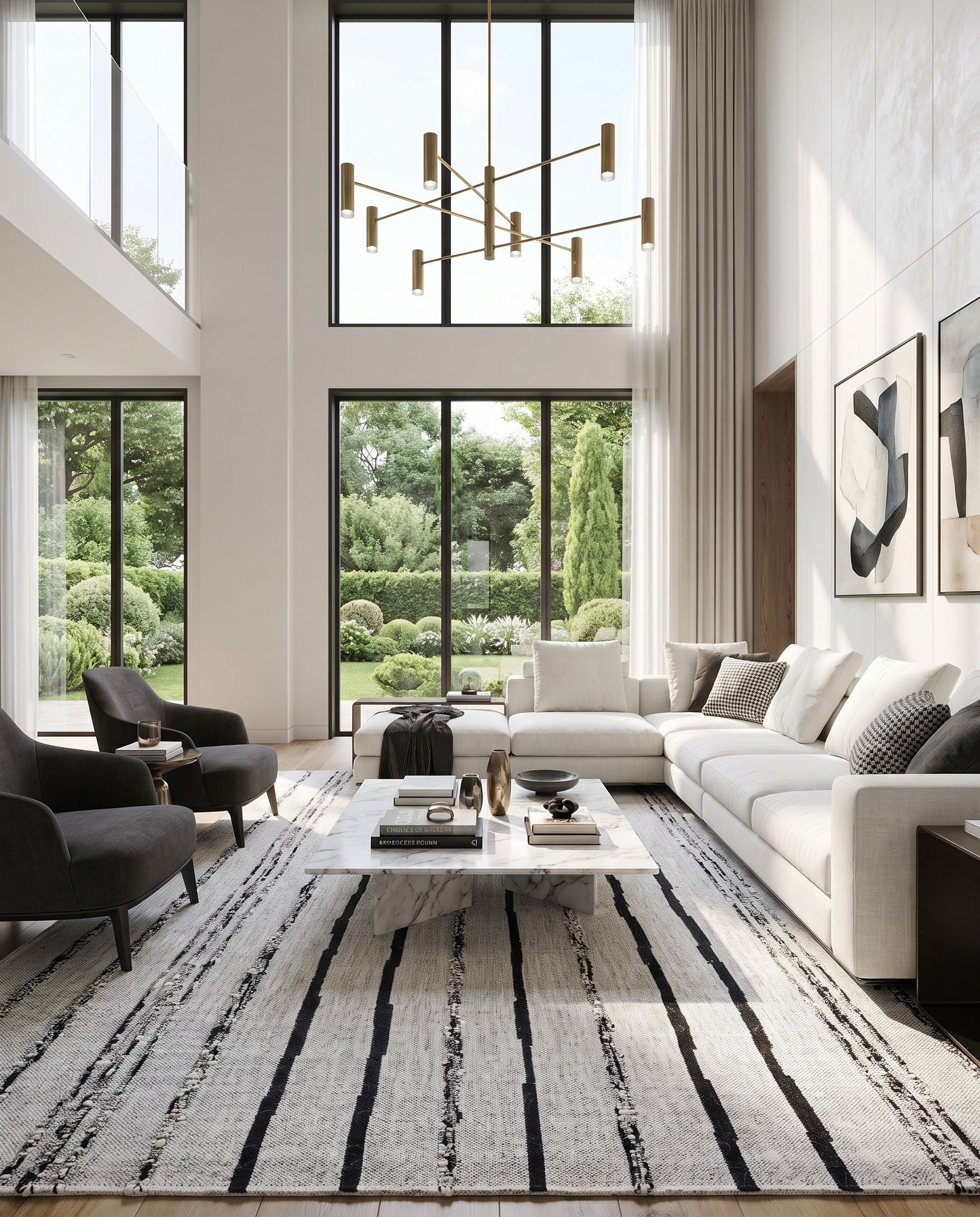 Goteborg GTG-2302 Hand Woven Rug as the centerpiece of a bright luxury living room — a hand woven modern area rug in ivory and black tones