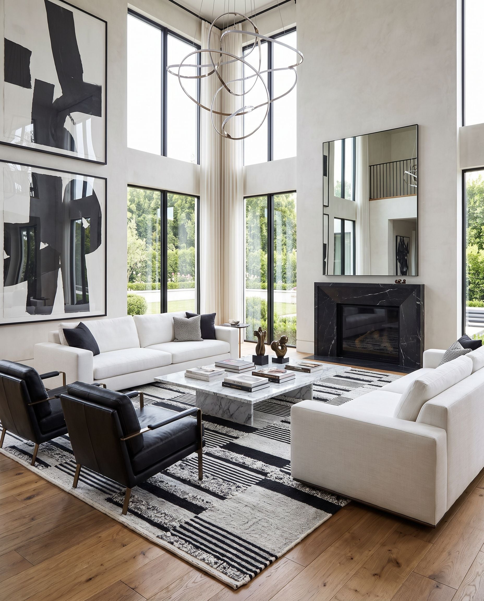 Goteborg GTG-2303 Hand Woven Rug as the centerpiece of a bright luxury living room — a hand woven modern area rug in ivory and black tones