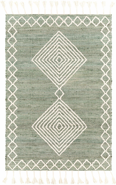 Medium Green Hand Woven 60% Jute, 40% Wool Global Rectangle Handmade rug, Indoor use only, has fringe, non-washable. runner also available