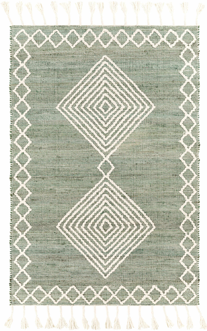 Medium Green Hand Woven 60% Jute, 40% Wool Global Rectangle Handmade rug, Indoor use only, has fringe, non-washable. runner also available