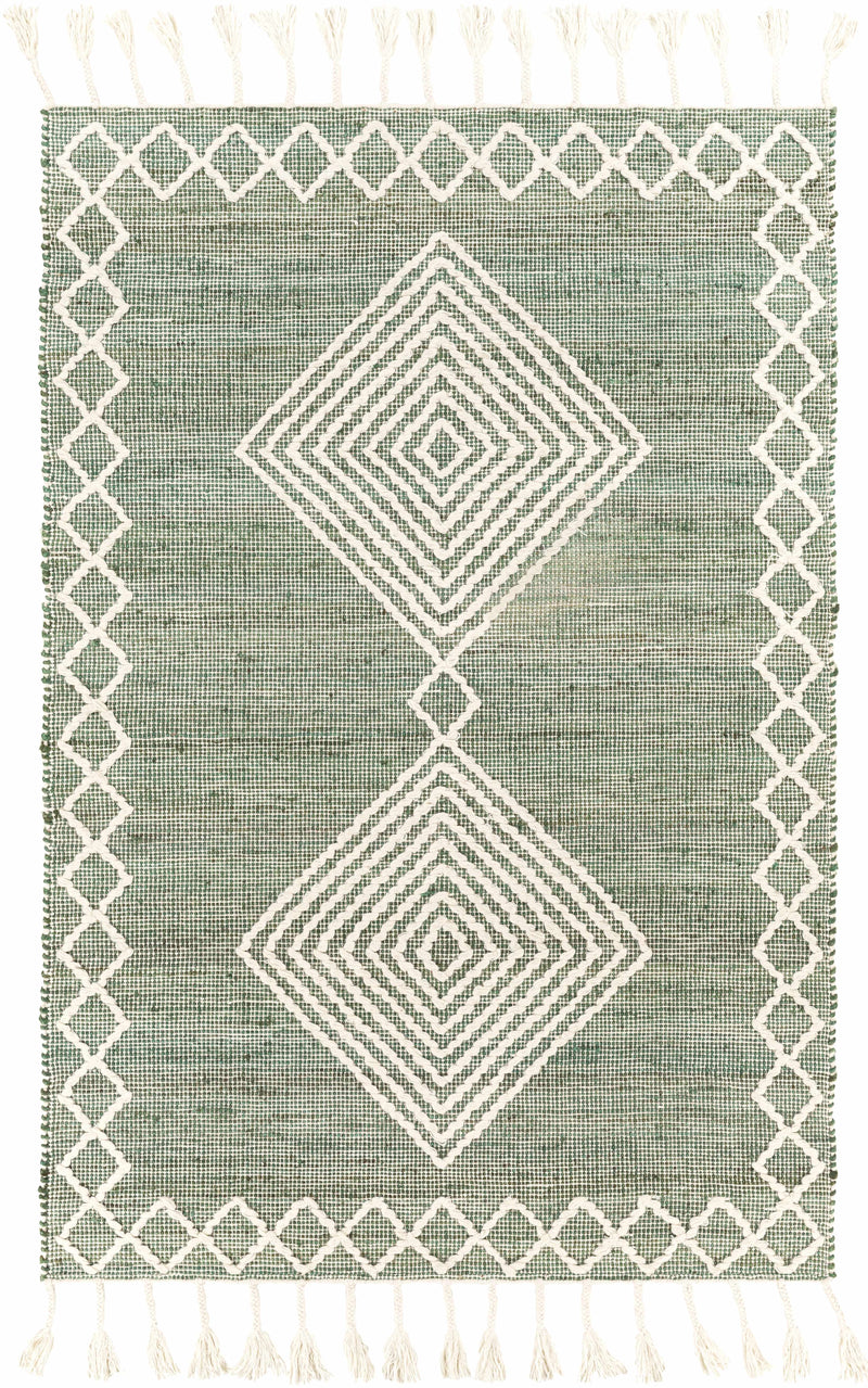 Medium Green Hand Woven 60% Jute, 40% Wool Global Rectangle Handmade rug, Indoor use only, has fringe, non-washable. runner also available