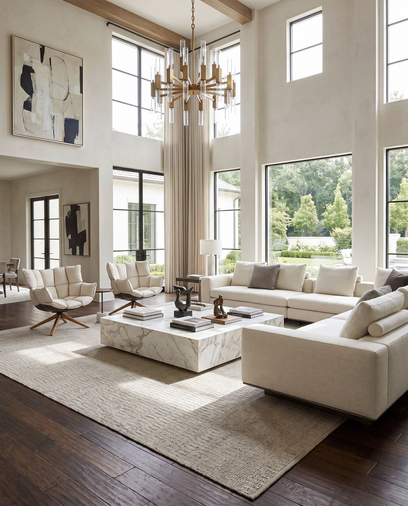 Gunner GUN-6000 Hand Woven Rug as the centerpiece of a bright luxury living room — a hand woven cottage area rug in taupe tones