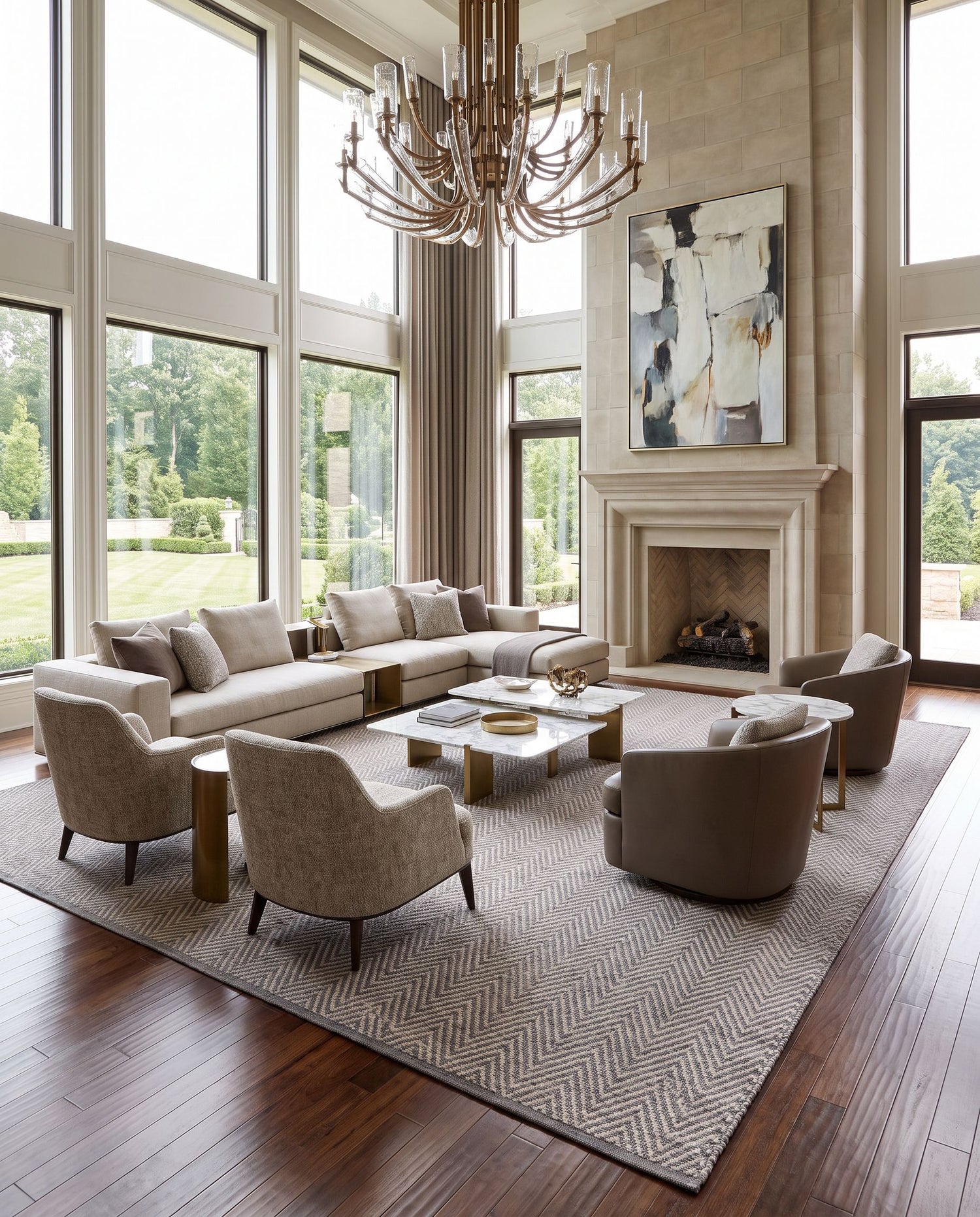 Hadis HAD-3000 Hand Woven Rug as the centerpiece of a bright luxury living room — a hand woven cottage area rug in light brown and charcoal tones