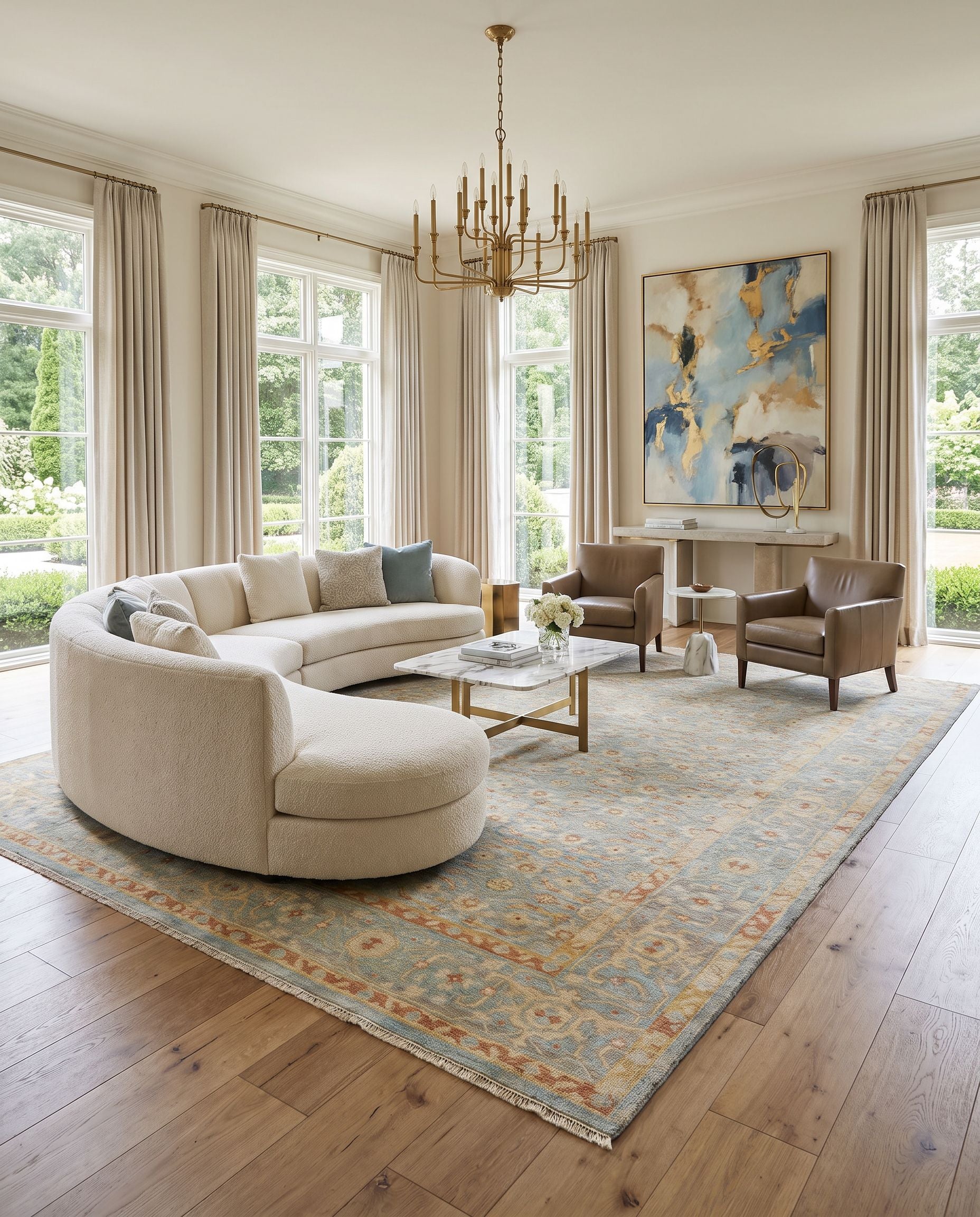 Hamadan HAM-2302 Hand Knotted Rug styled in an elegant designer living room — hand knotted traditional area rug in seafoam, rust, mustard and gray tones