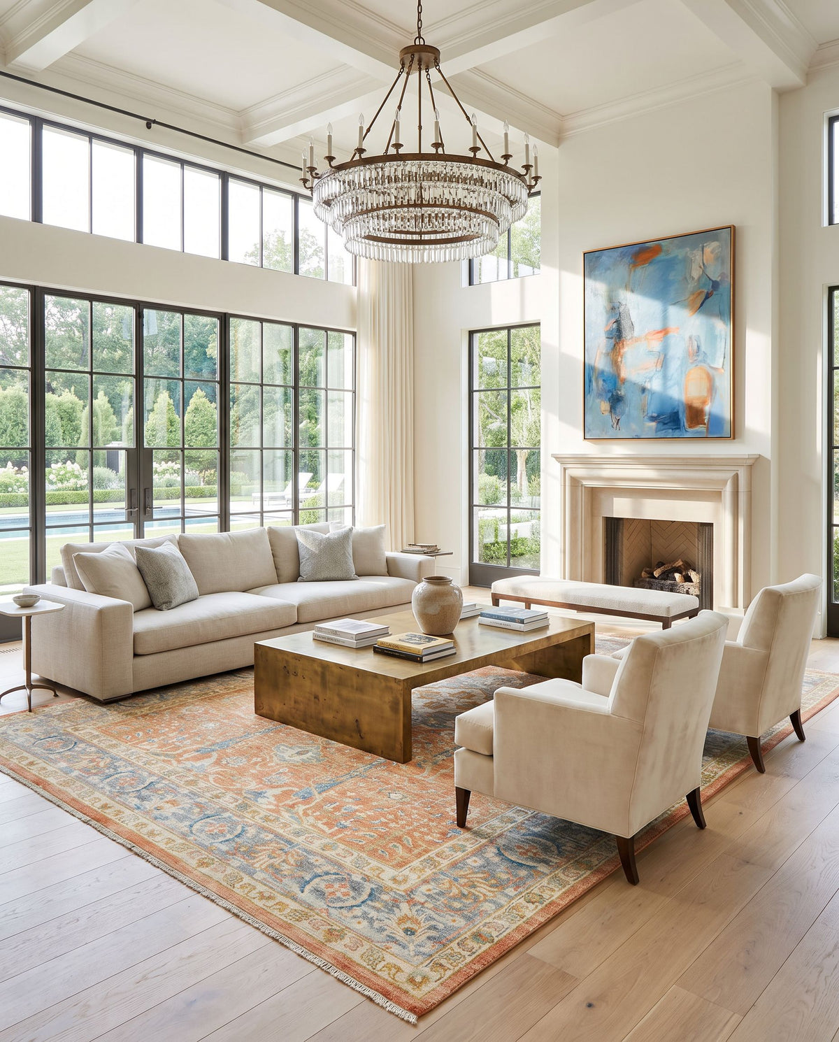 Hamadan HAM-2306 Hand Knotted Rug styled in an elegant designer living room — hand knotted traditional area rug in burnt orange, medium gray, ivory and mustard tones