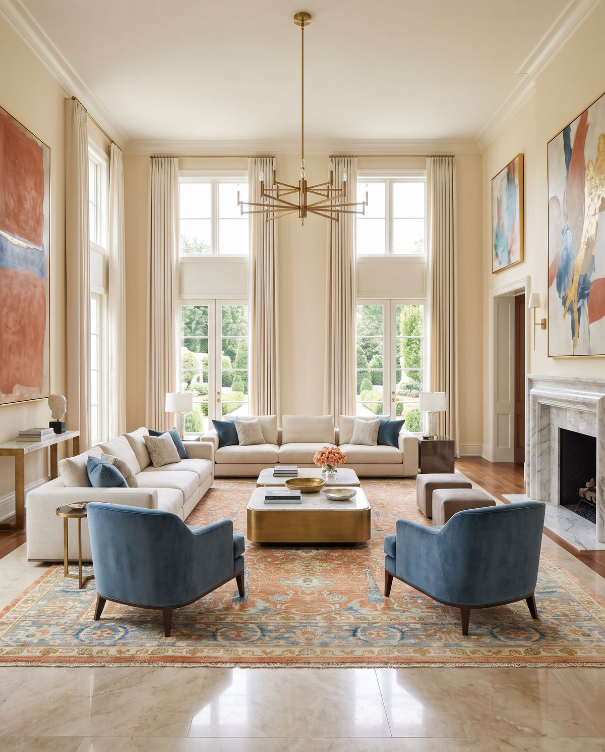 Hamadan HAM-2306 Hand Knotted Rug styled in an elegant designer living room — hand knotted traditional area rug in burnt orange, medium gray, ivory and mustard tones