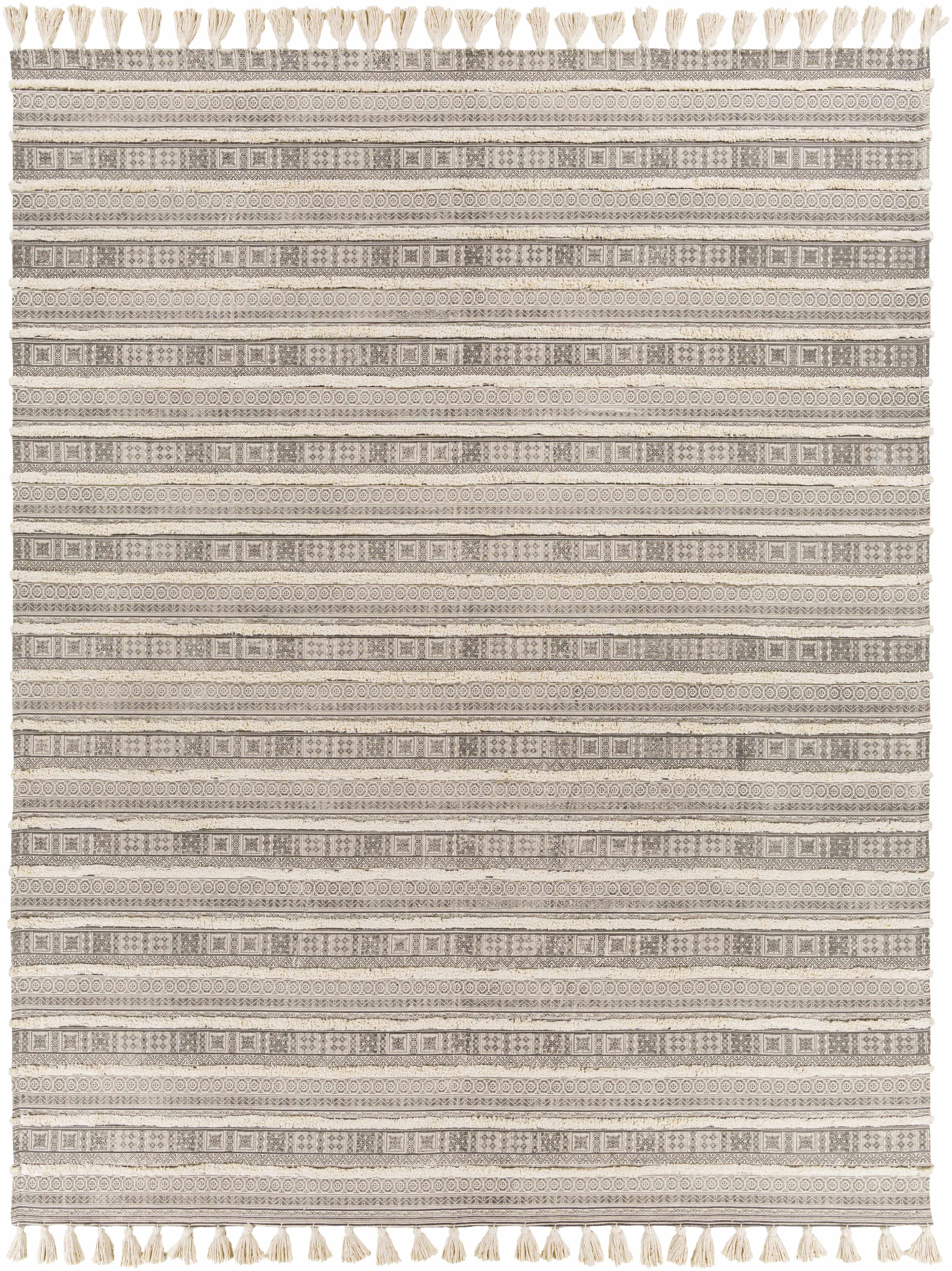 Charcoal Hand Loomed 100% Cotton Global Rectangle Handmade rug, Indoor use only, has fringe, non-washable.