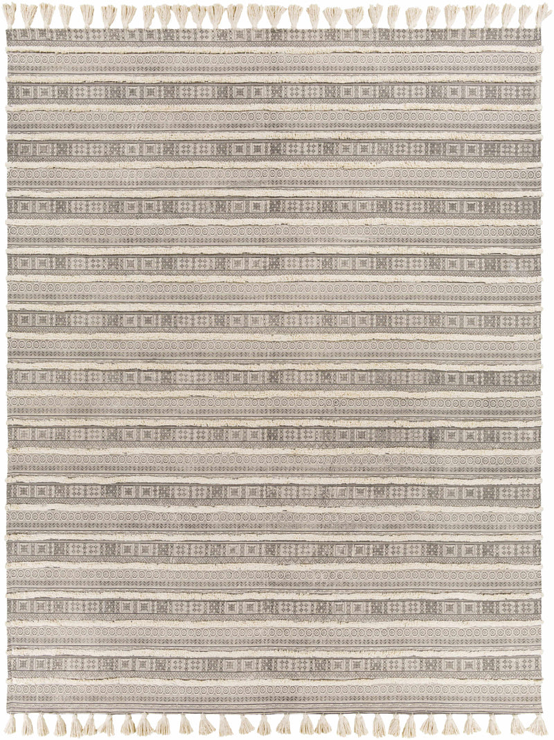 Charcoal Hand Loomed 100% Cotton Global Rectangle Handmade rug, Indoor use only, has fringe, non-washable.