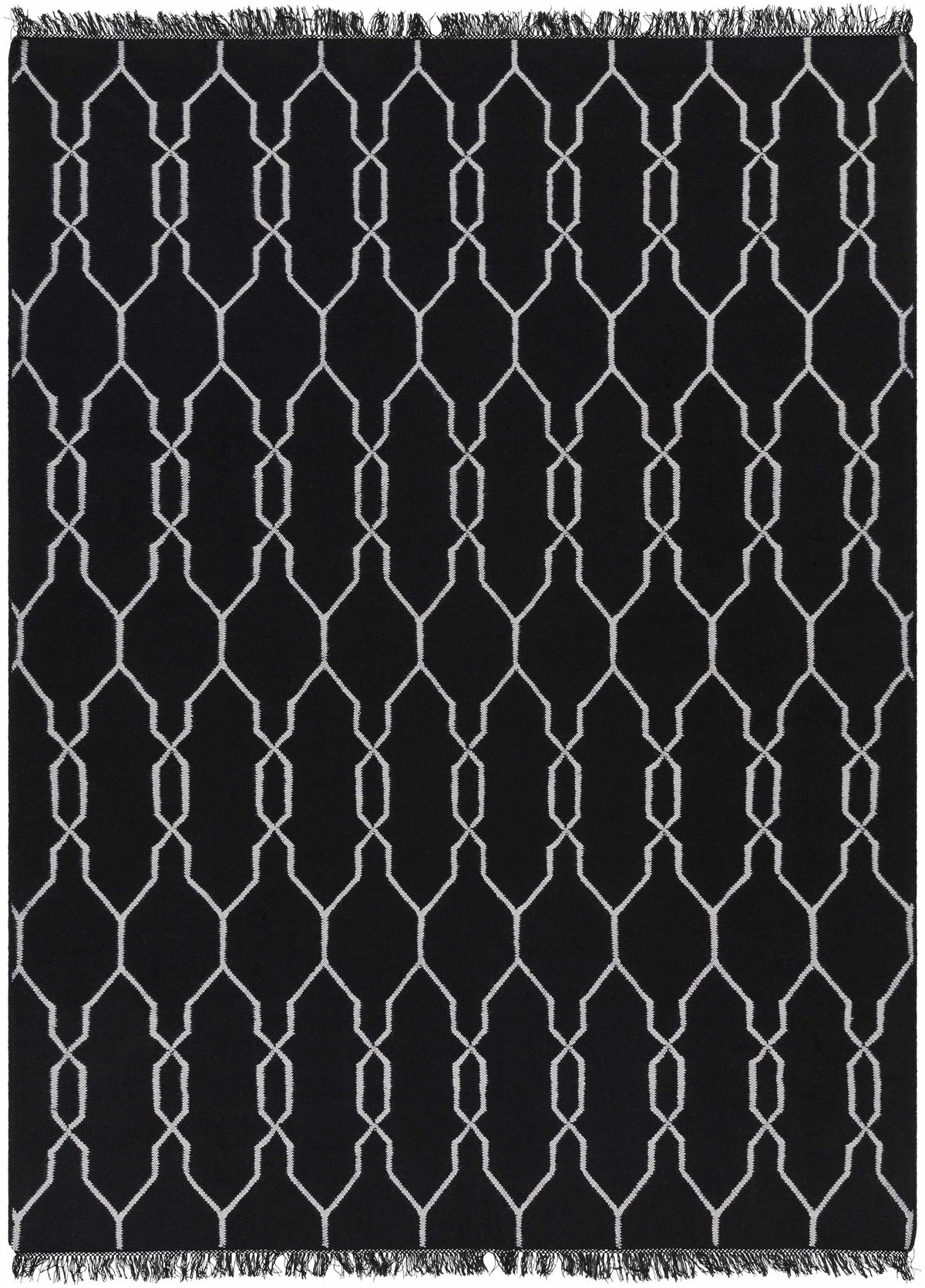 Black Hand Woven 100% Recycled PET Yarn Modern Rectangle Handmade rug, Indoor use only, has fringe, non-washable.