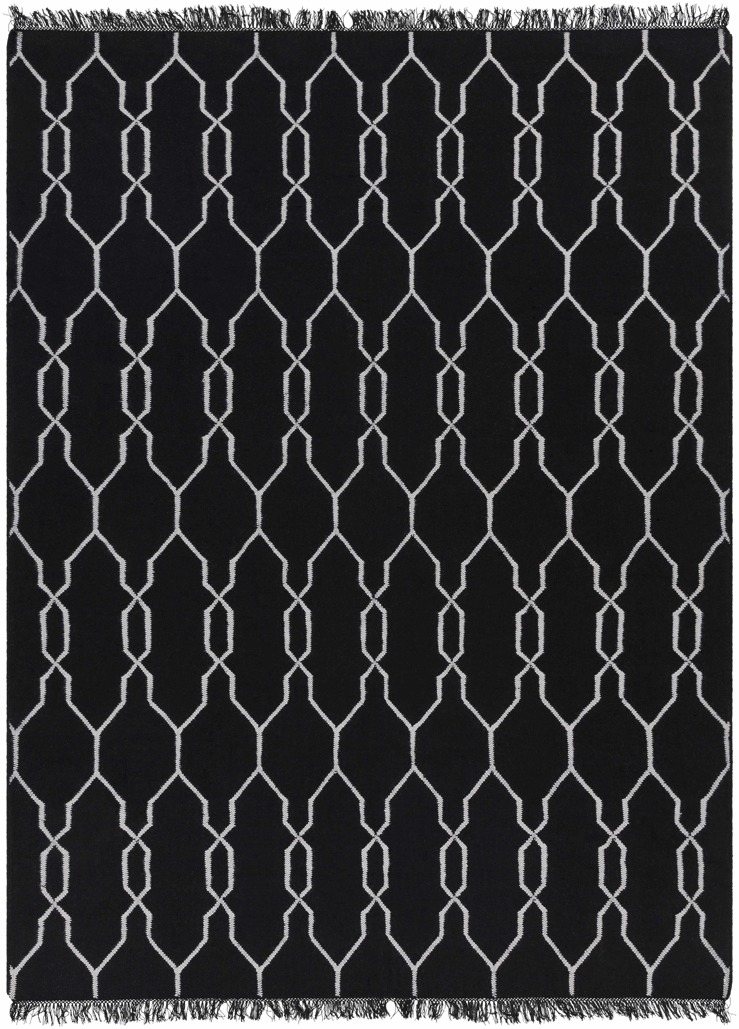 Black Hand Woven 100% Recycled PET Yarn Modern Rectangle Handmade rug, Indoor use only, has fringe, non-washable.