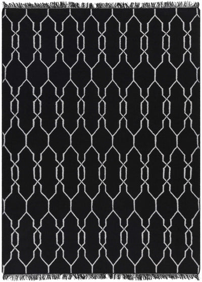 Black Hand Woven 100% Recycled PET Yarn Modern Rectangle Handmade rug, Indoor use only, has fringe, non-washable.