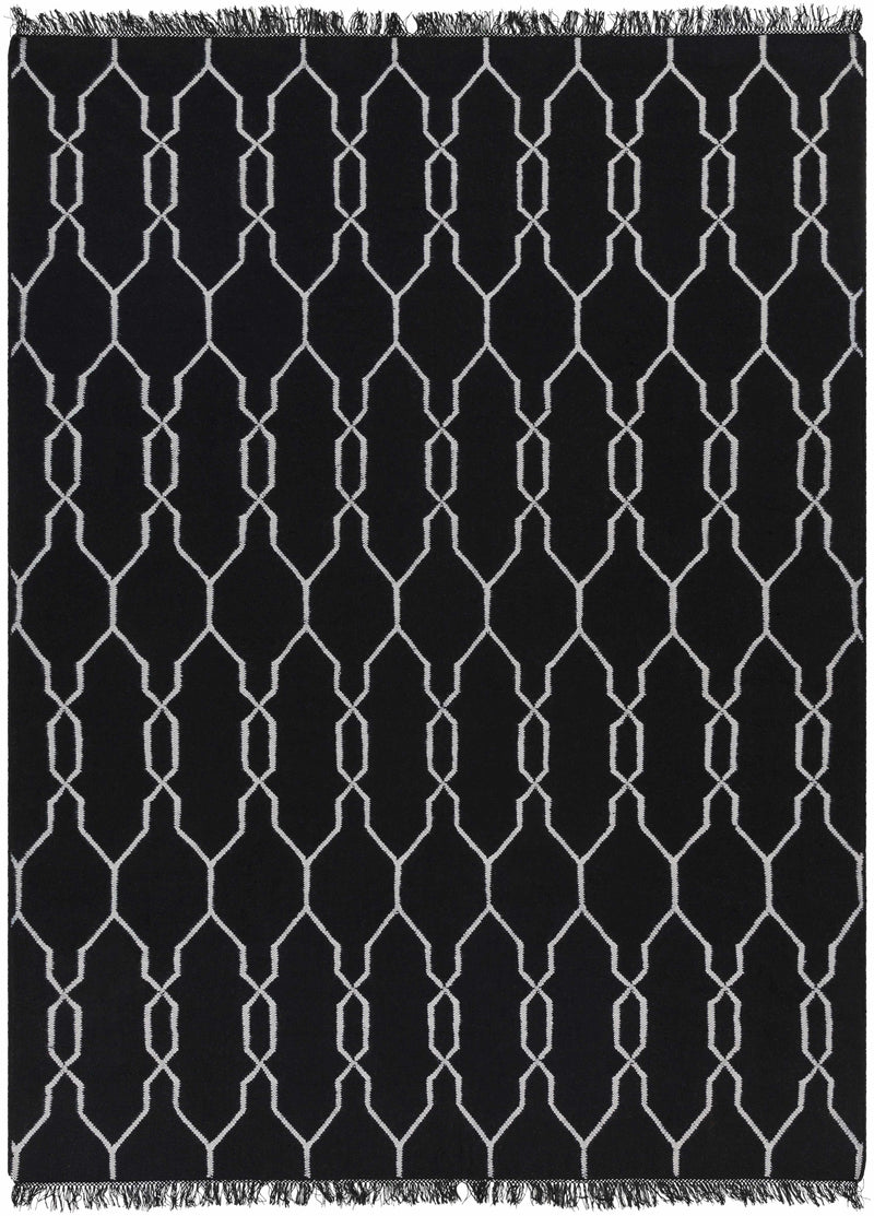 Black Hand Woven 100% Recycled PET Yarn Modern Rectangle Handmade rug, Indoor use only, has fringe, non-washable.