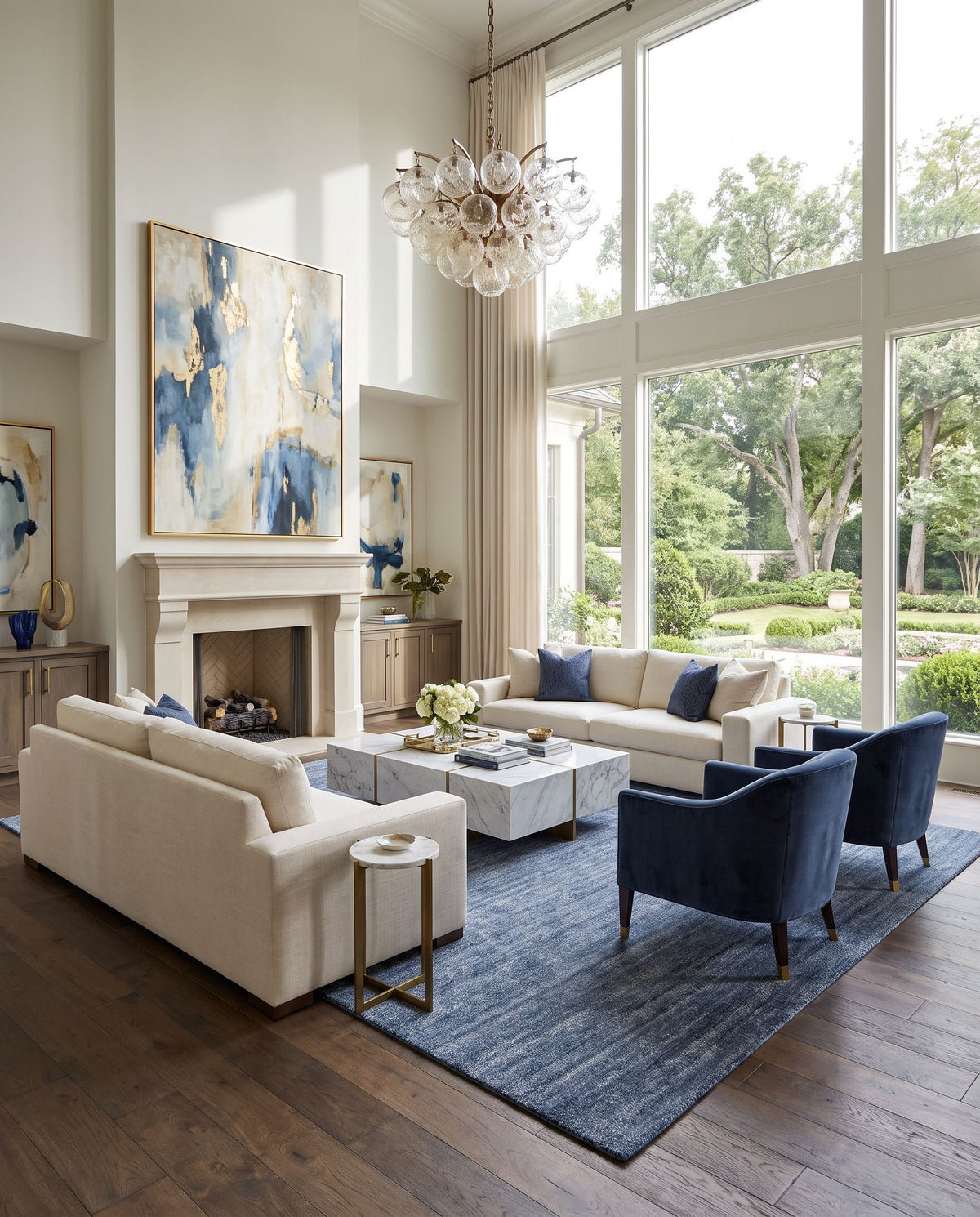 Haize HAZ-6007 Hand Loomed Rug as the centerpiece of a bright luxury living room — a hand loomed modern area rug in blue tones