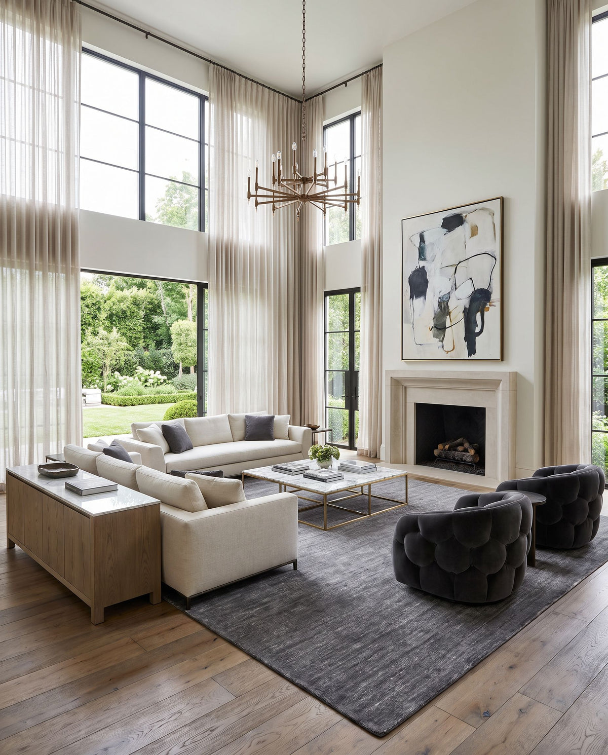 Haize HAZ-6010 Hand Loomed Rug as the centerpiece of a bright luxury living room — a hand loomed modern area rug in charcoal tones