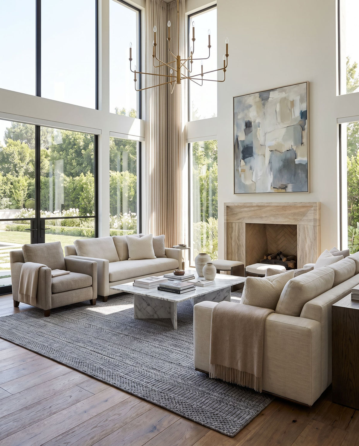 Hickory HCK-2303 Hand Loomed Rug as the centerpiece of a bright luxury living room — a hand loomed modern area rug in gray, charcoal, light slate and cream tones