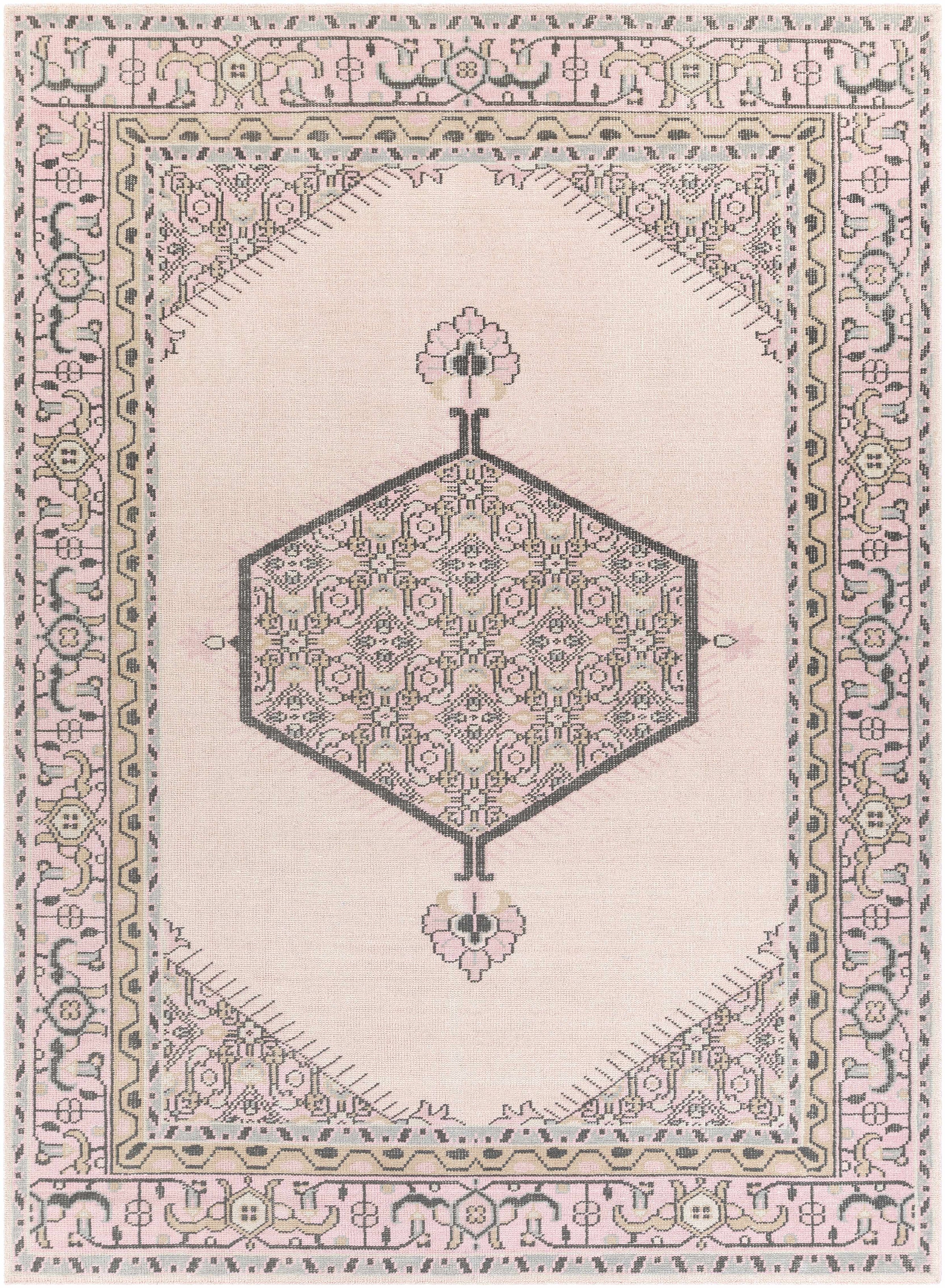 Light Pink Hand Knotted 100% NZ Wool Traditional Rectangle Handmade rug, Indoor use only, no fringe, non-washable.